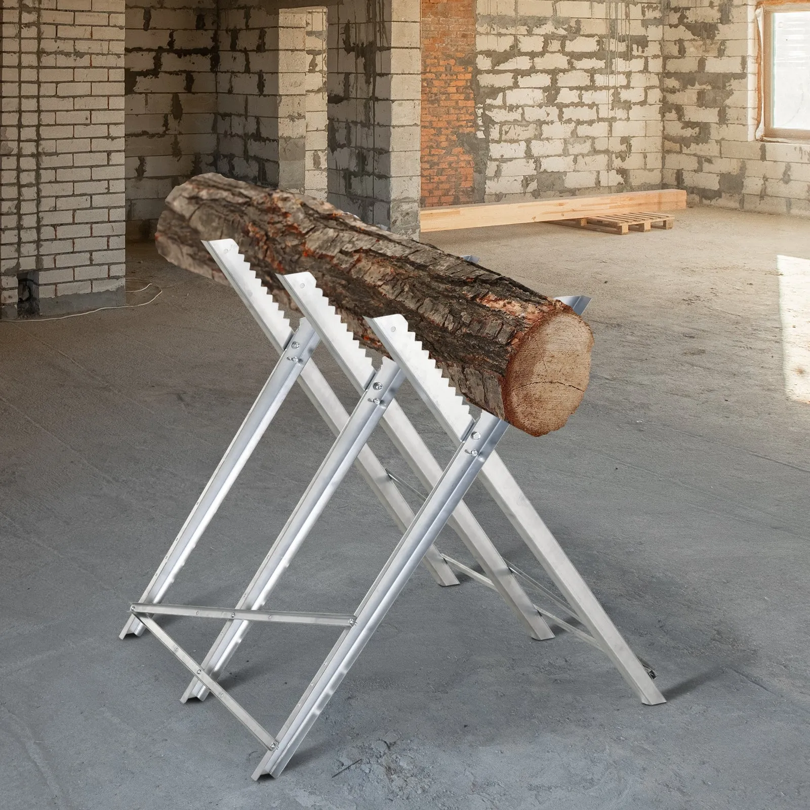 DURHAND Folding Triangular Metal Wood Cutter Stand with Serrated Teeth, 83x83x79 cm, Silver - Image 2