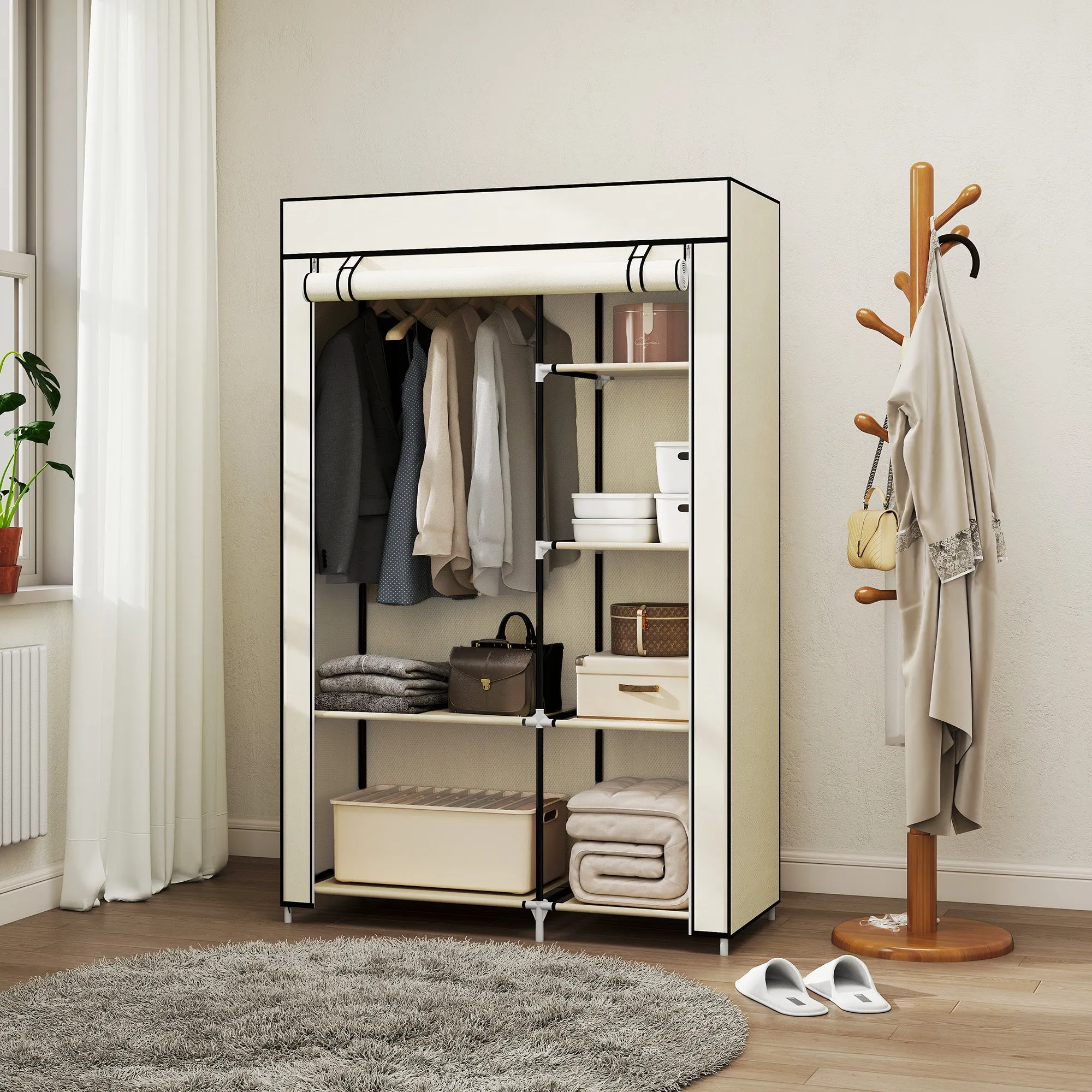 HOMCOM Portable Wardrobe Space-Saving Closet, 103x43x162.5cm, Cream - Image 2