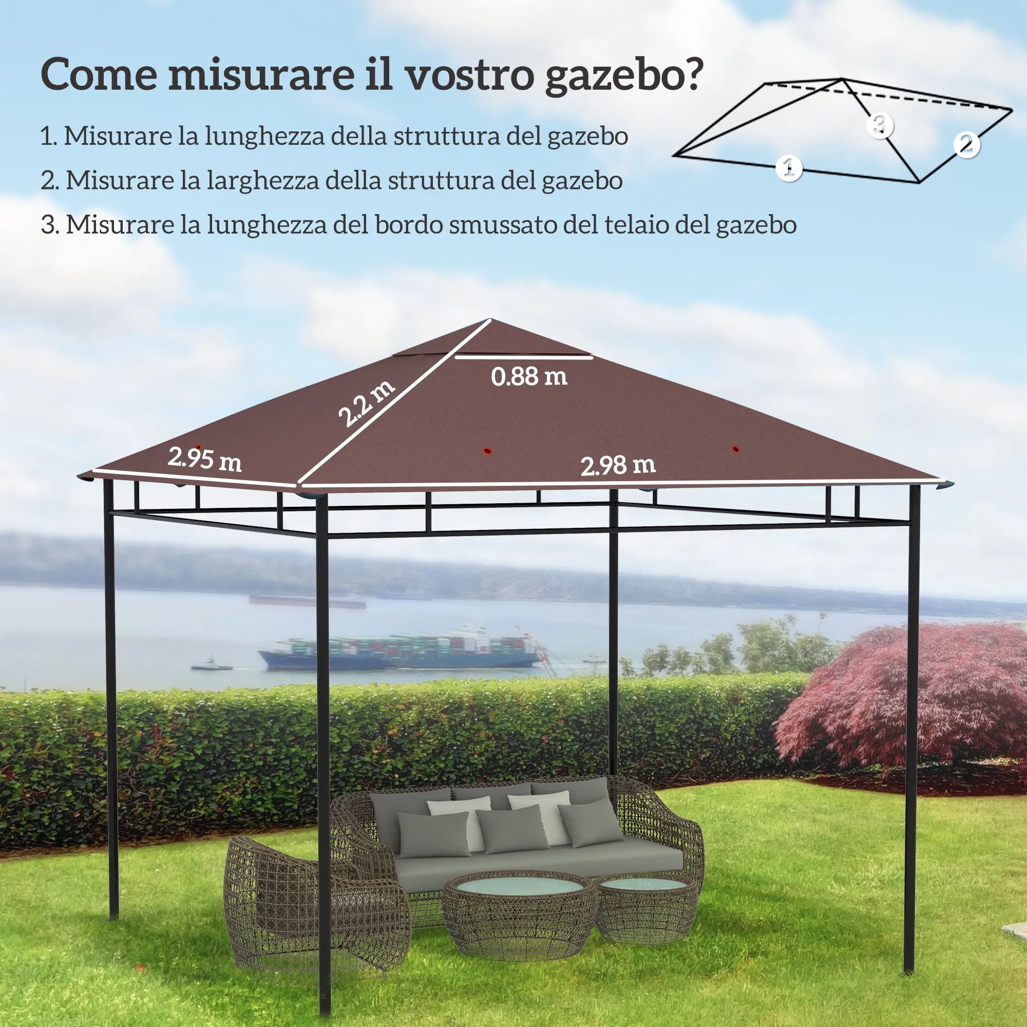 Outsunny 3x3m Garden Gazebo Replacement Roof, 180g/m² Polyester Water Resistant Gazebo Cover with 8 Drainage Holes and Air Vents, Cover Only, 298x295cm, Coffee - Image 3