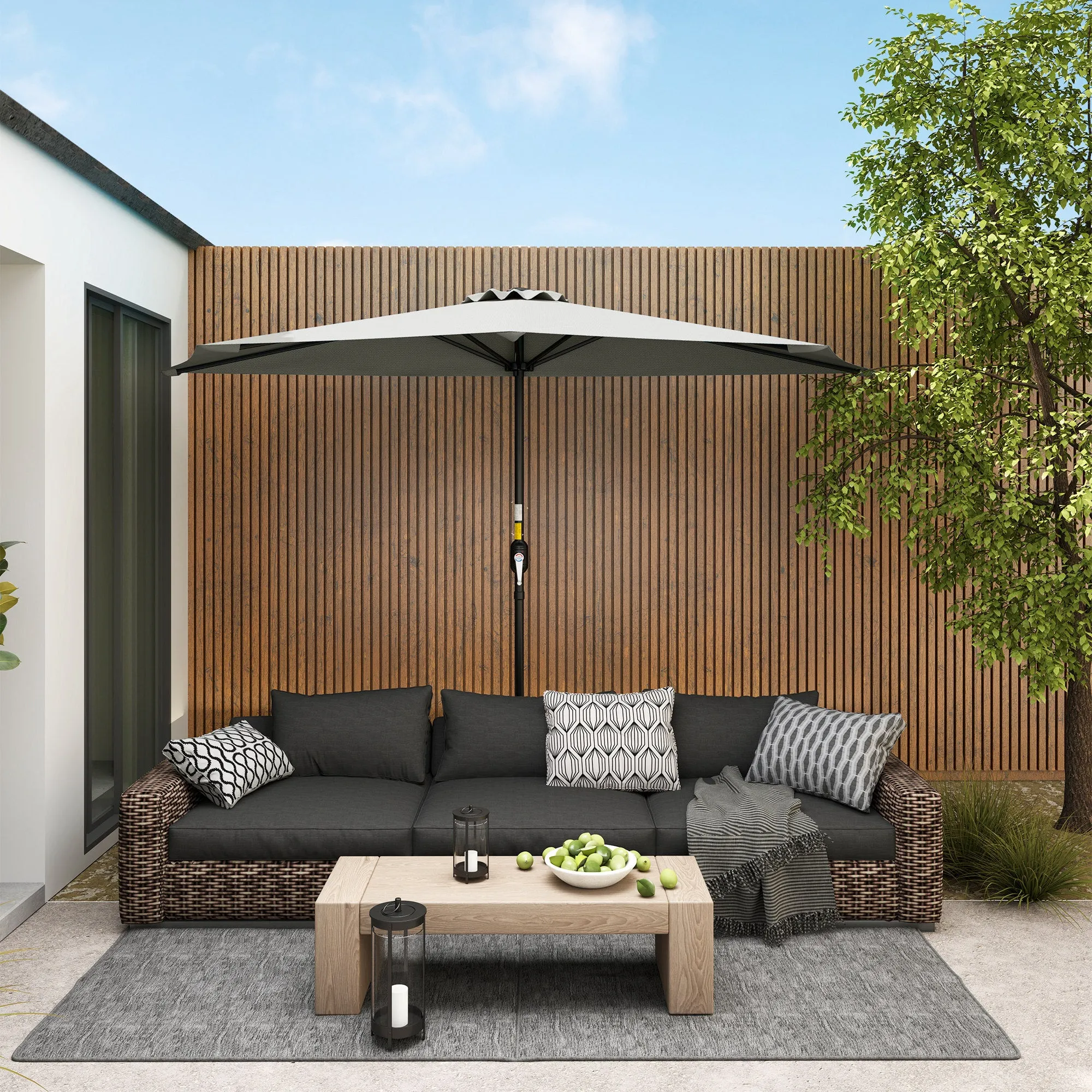 Outsunny Space-Saving Half-Moon Wall-Mounted Umbrella with Crank Opening, 2.7 x 2.4 m, Light Grey - Image 2