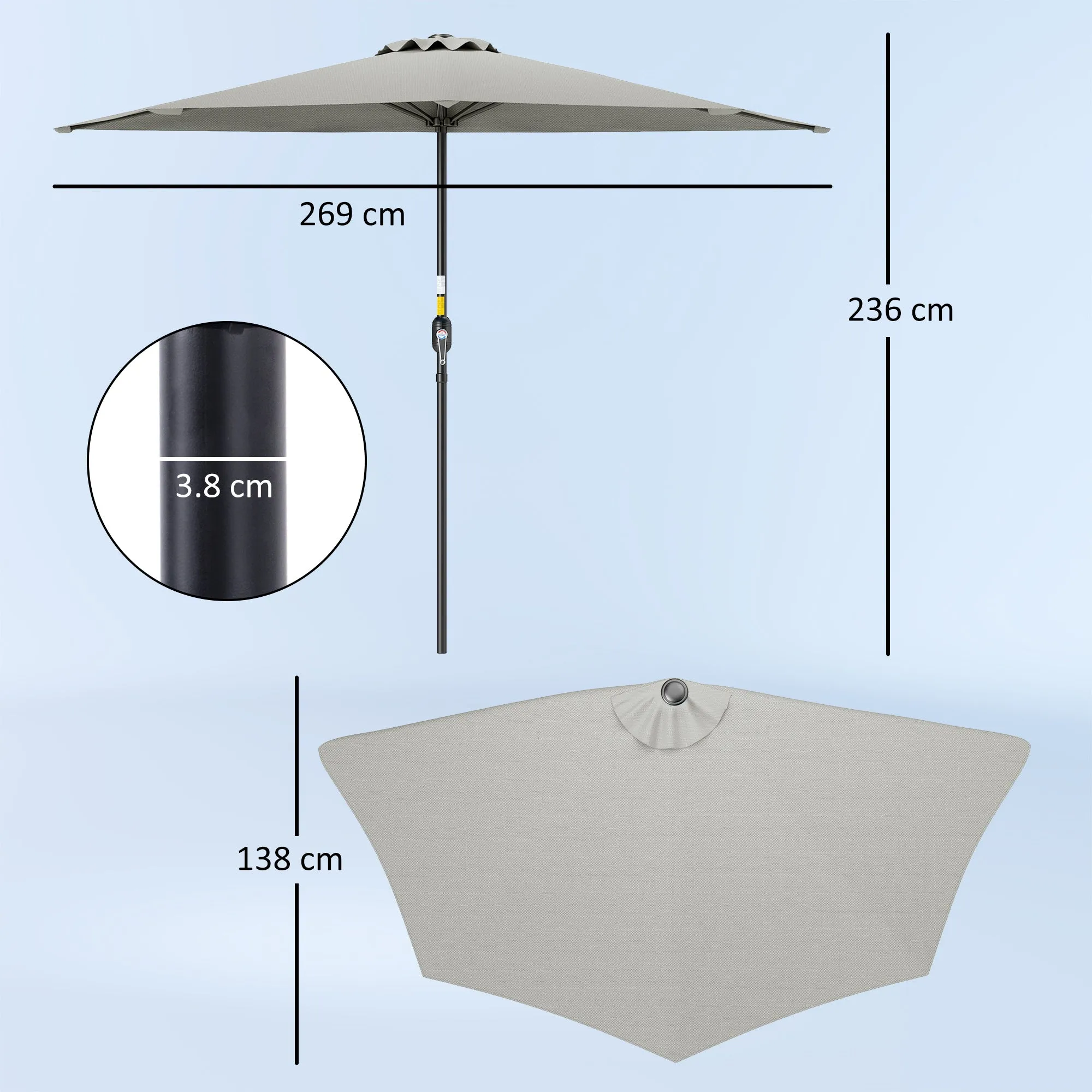 Outsunny Space-Saving Half-Moon Wall-Mounted Umbrella with Crank Opening, 2.7 x 2.4 m, Light Grey - Image 3