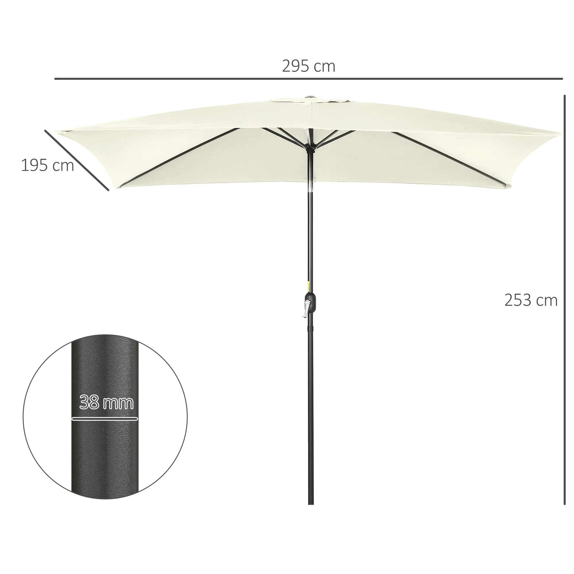 Outsunny 2x3m Rectangular Umbrella, in Aluminum, Metal and Polyester with Adjustable Angle, Cream White and Black - Image 3