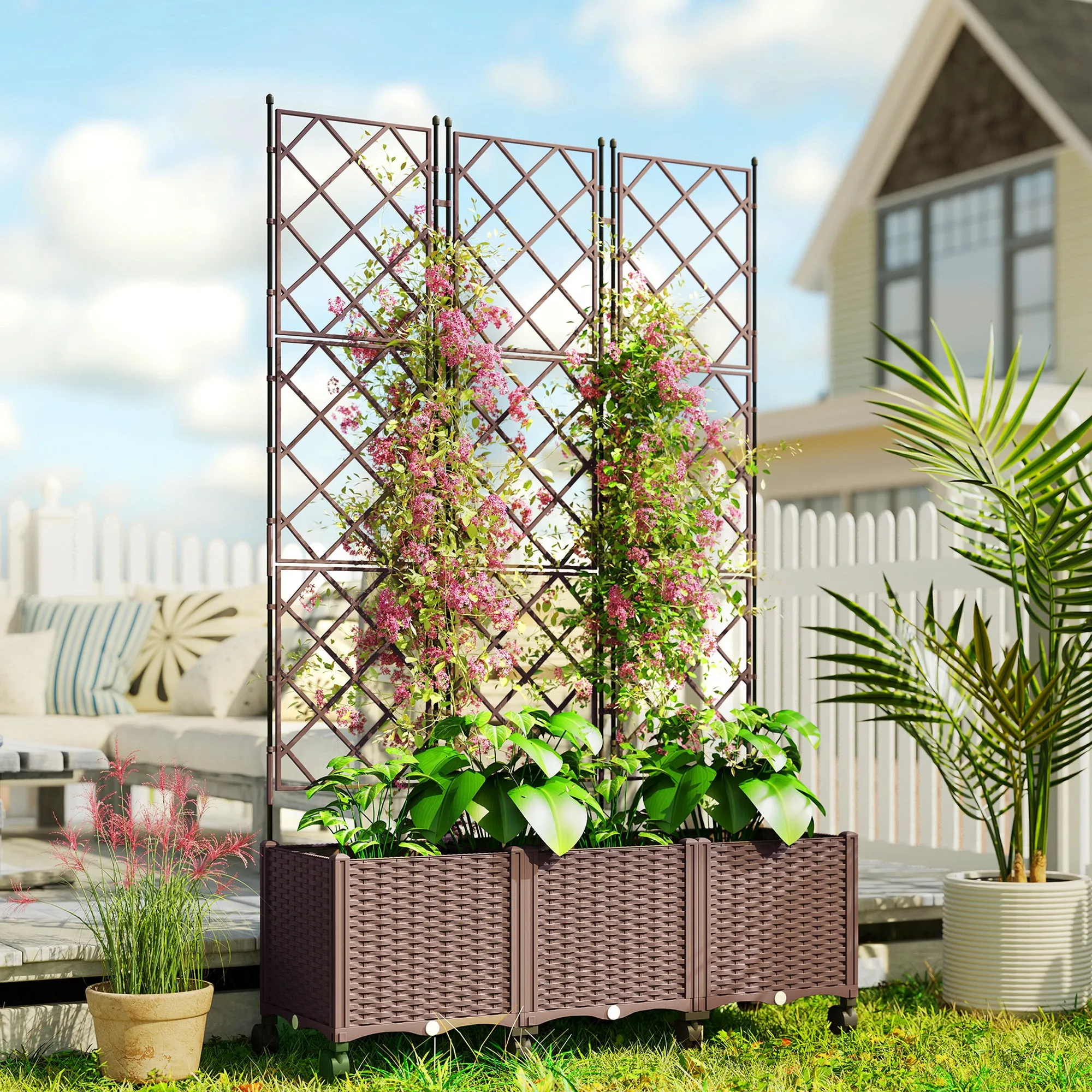 Outsunny 130L Raised Trellis Planter with Lockable Wheels and Self-Watering System, Brown - Image 2