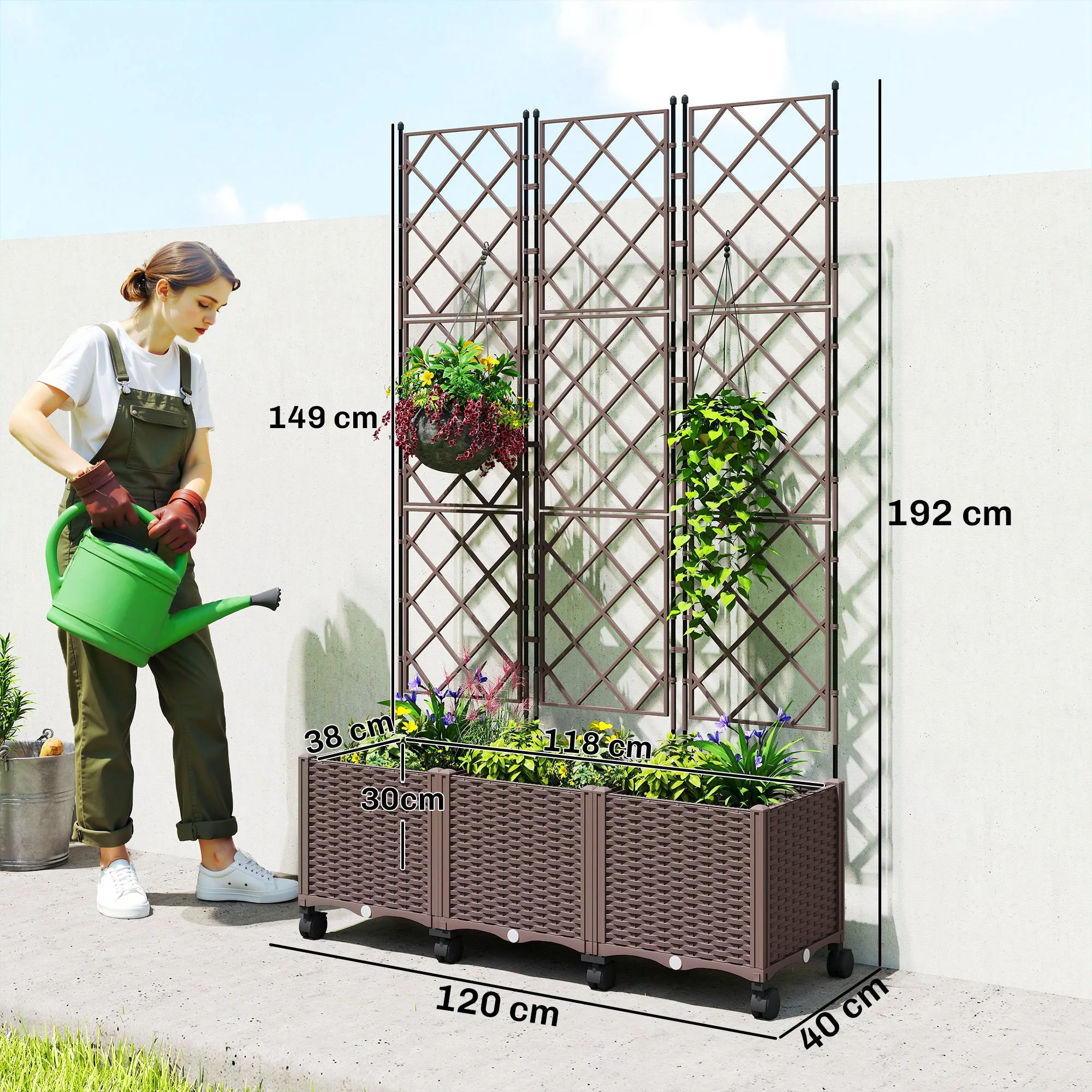 Outsunny 130L Raised Trellis Planter with Lockable Wheels and Self-Watering System, Brown - Image 3