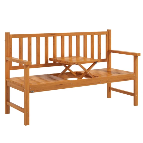 Outsunny Garden Bench with Liftable Central Table and Armrests, Wooden, 153x56x91 cm, Light Brown