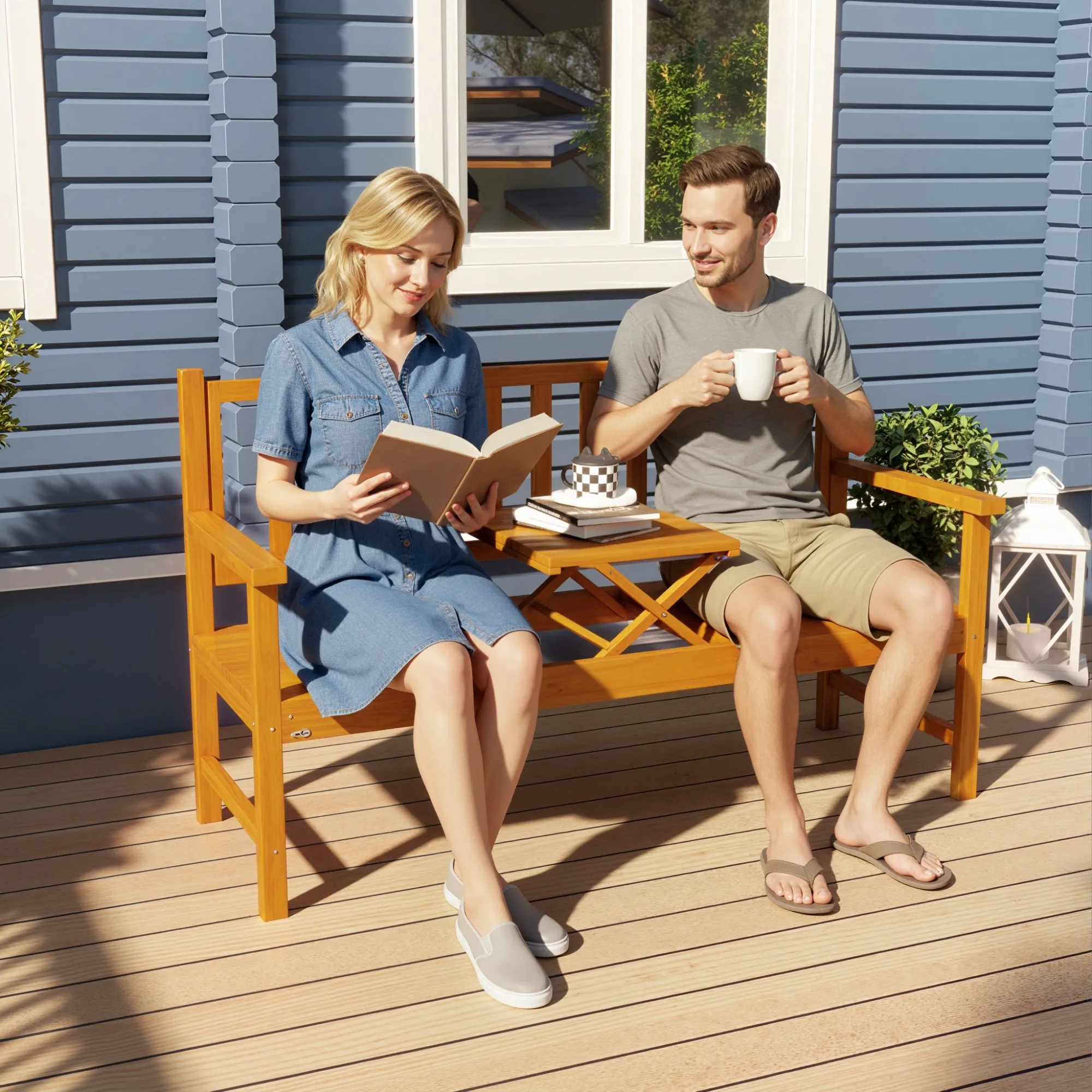 Outsunny Garden Bench with Liftable Central Table and Armrests, Wooden, 153x56x91 cm, Light Brown - Image 2