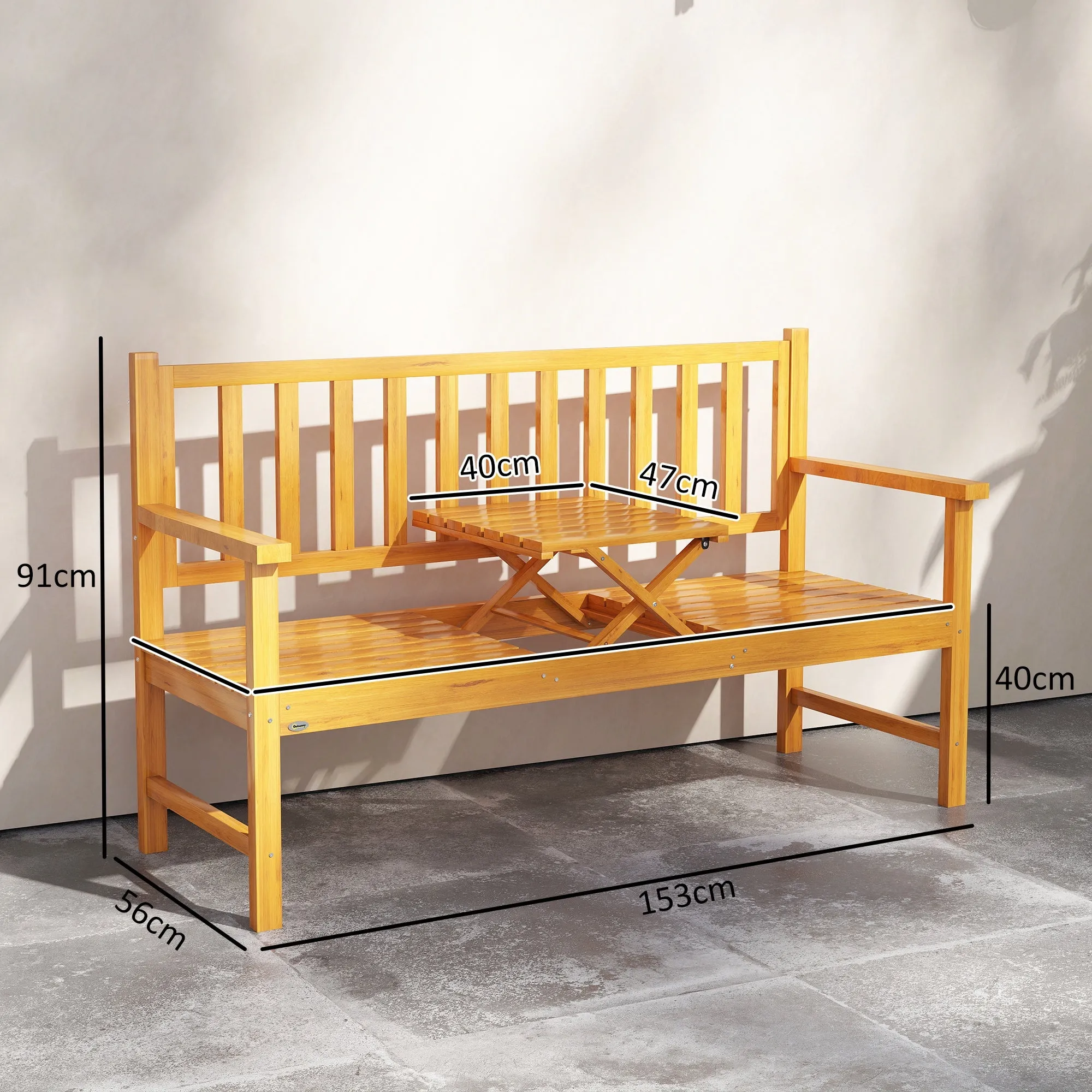 Outsunny Garden Bench with Liftable Central Table and Armrests, Wooden, 153x56x91 cm, Light Brown - Image 3