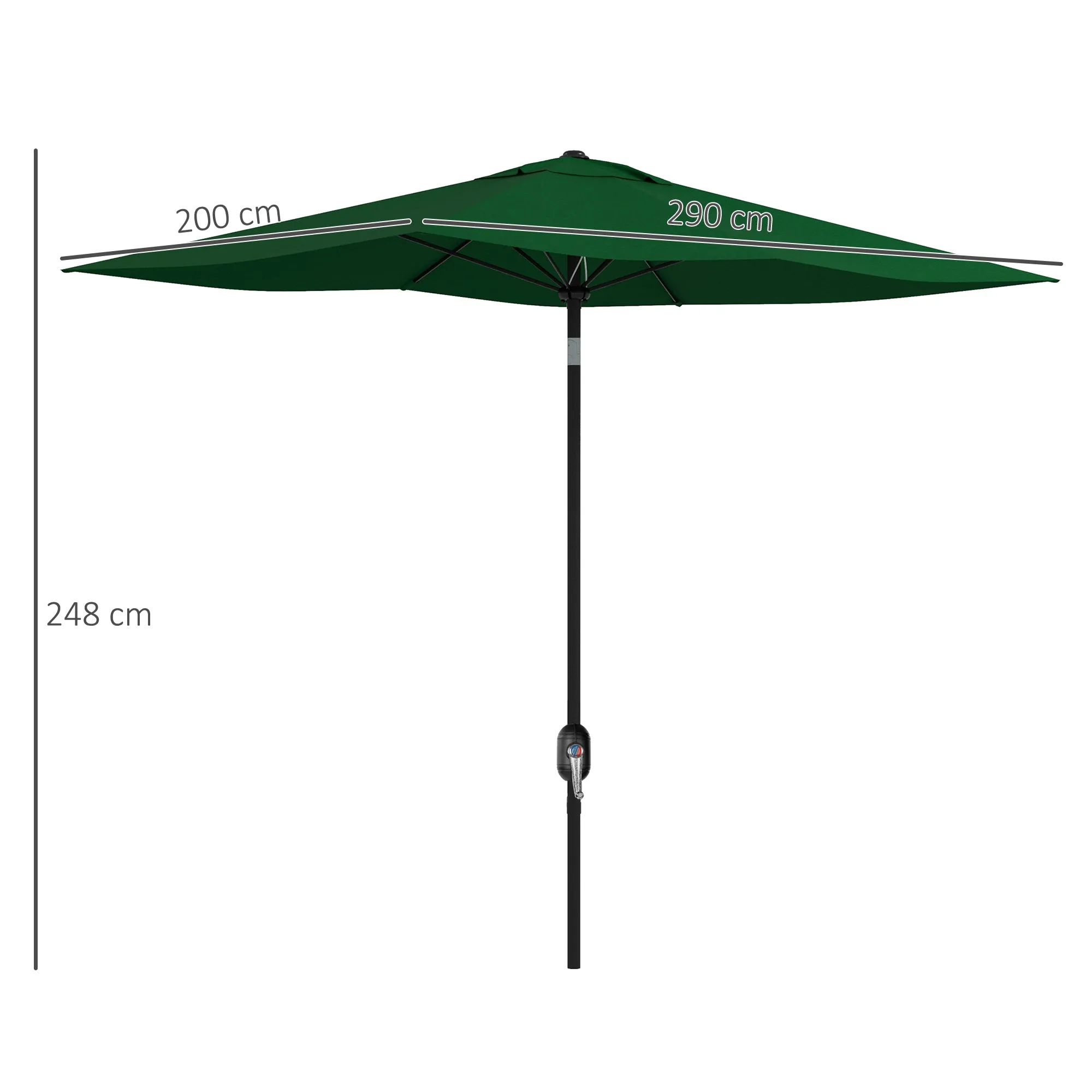 Outsunny 2x3m Rectangular Garden Umbrella with Crank Opening, Green - Image 3