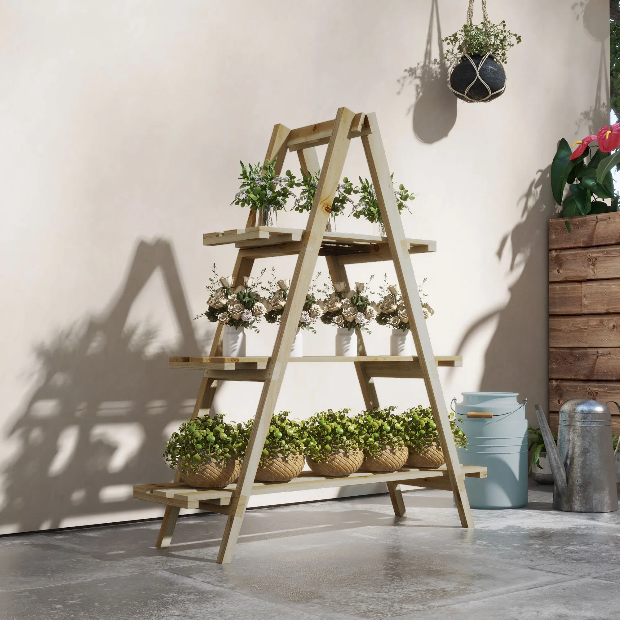 Outsunny 3-Tier Vertical Plant Stand with Fir Slats, 100x36x112 cm, Wood Color - Image 2