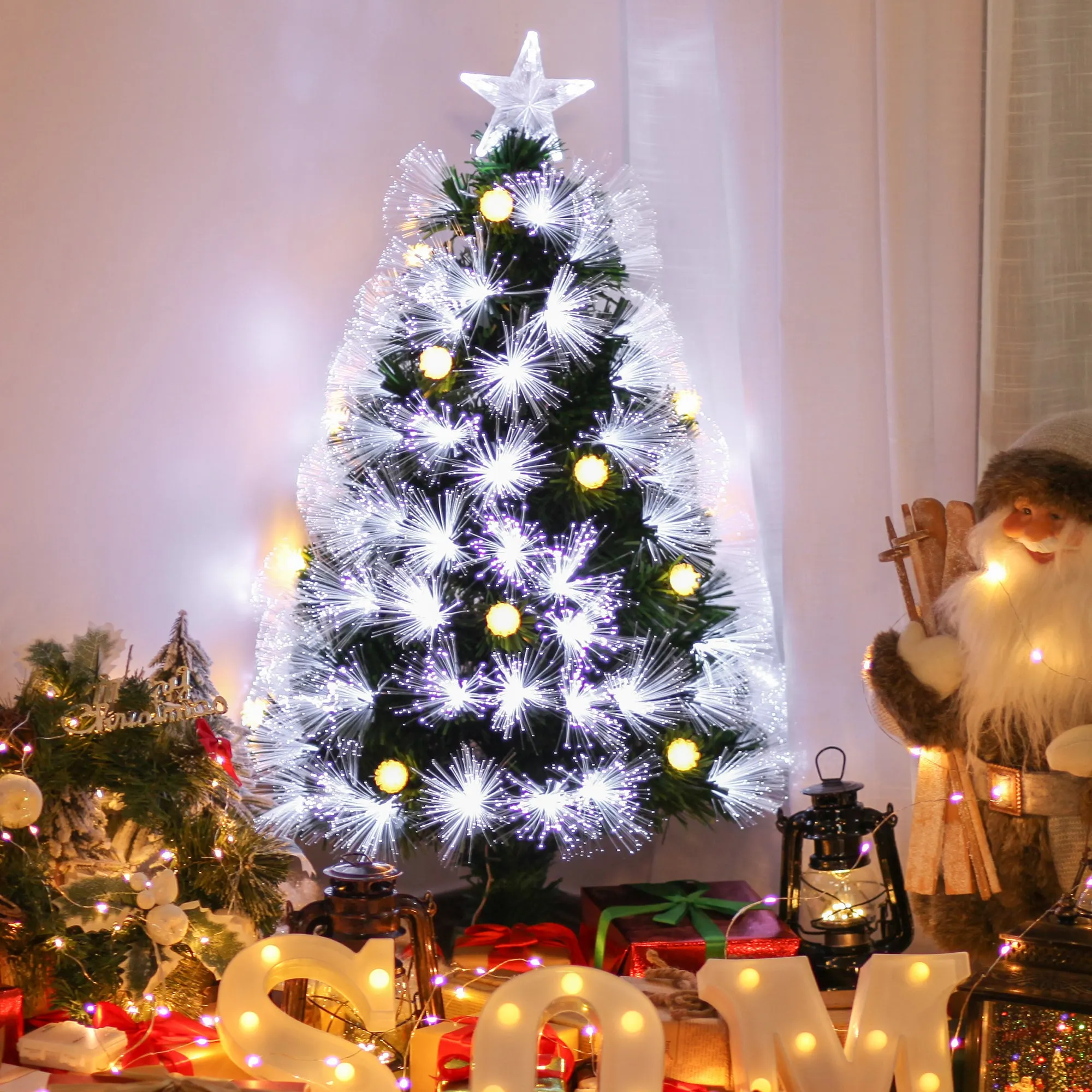 HOMCOM 90cm Artificial Christmas Tree with Built-in Lights and 90 Branches, Christmas Tree with LED Lights and Fiber Optic Lights, Removable Folding Base - Image 2