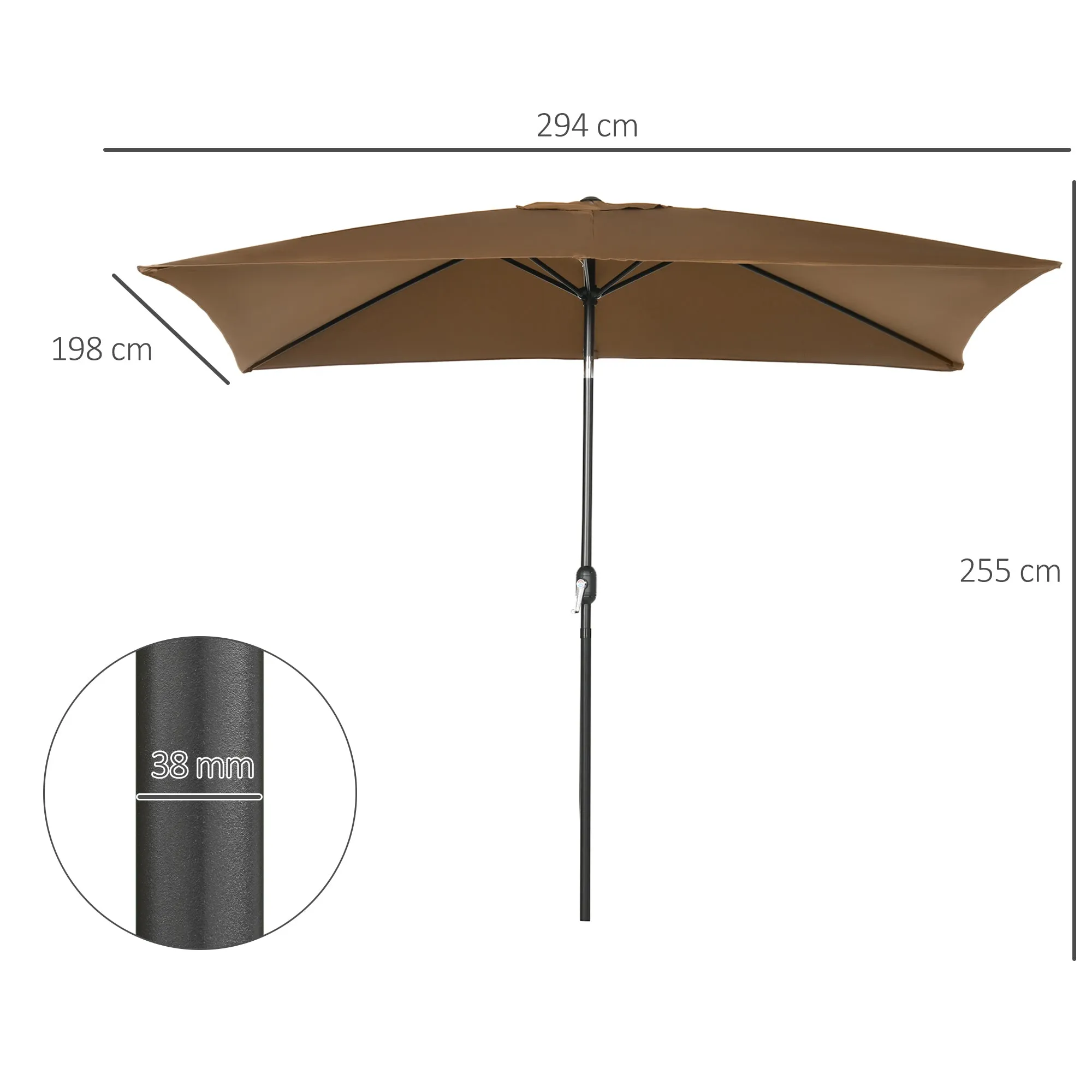 Outsunny 2x3m Rectangular Garden Umbrella with Crank and Adjustable Angle, Coffee - Image 3