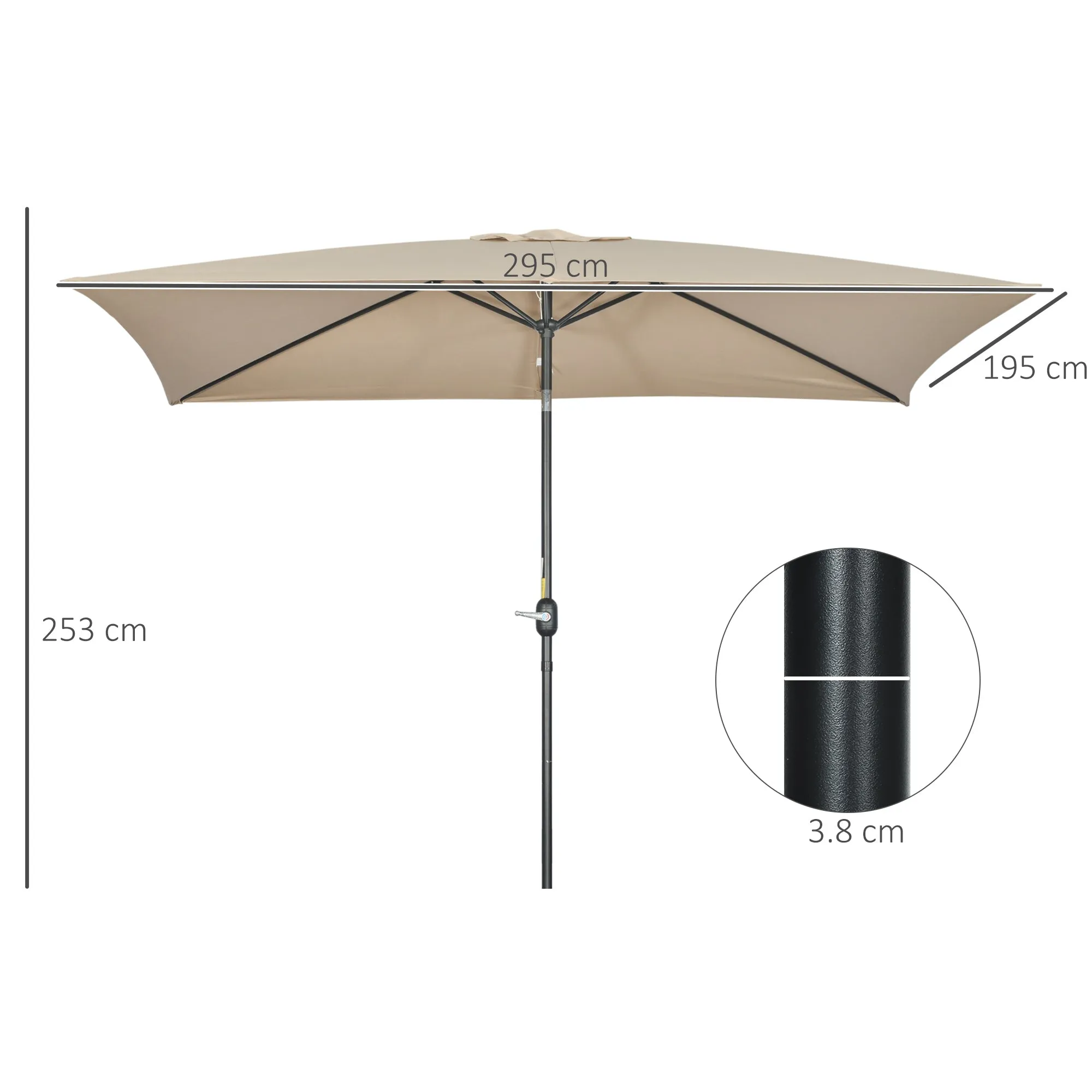 Outsunny 2x3m Rectangular Umbrella, Foldable and Adjustable with Crank, in Aluminum and Polyester, Khaki - Image 3