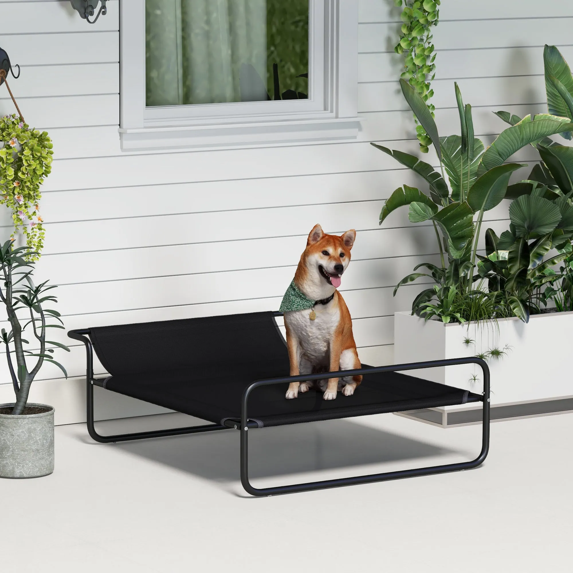 PawHut Raised Dog Bed with Indoor and Outdoor Headrest, 106x81x33 cm, Black - Image 2