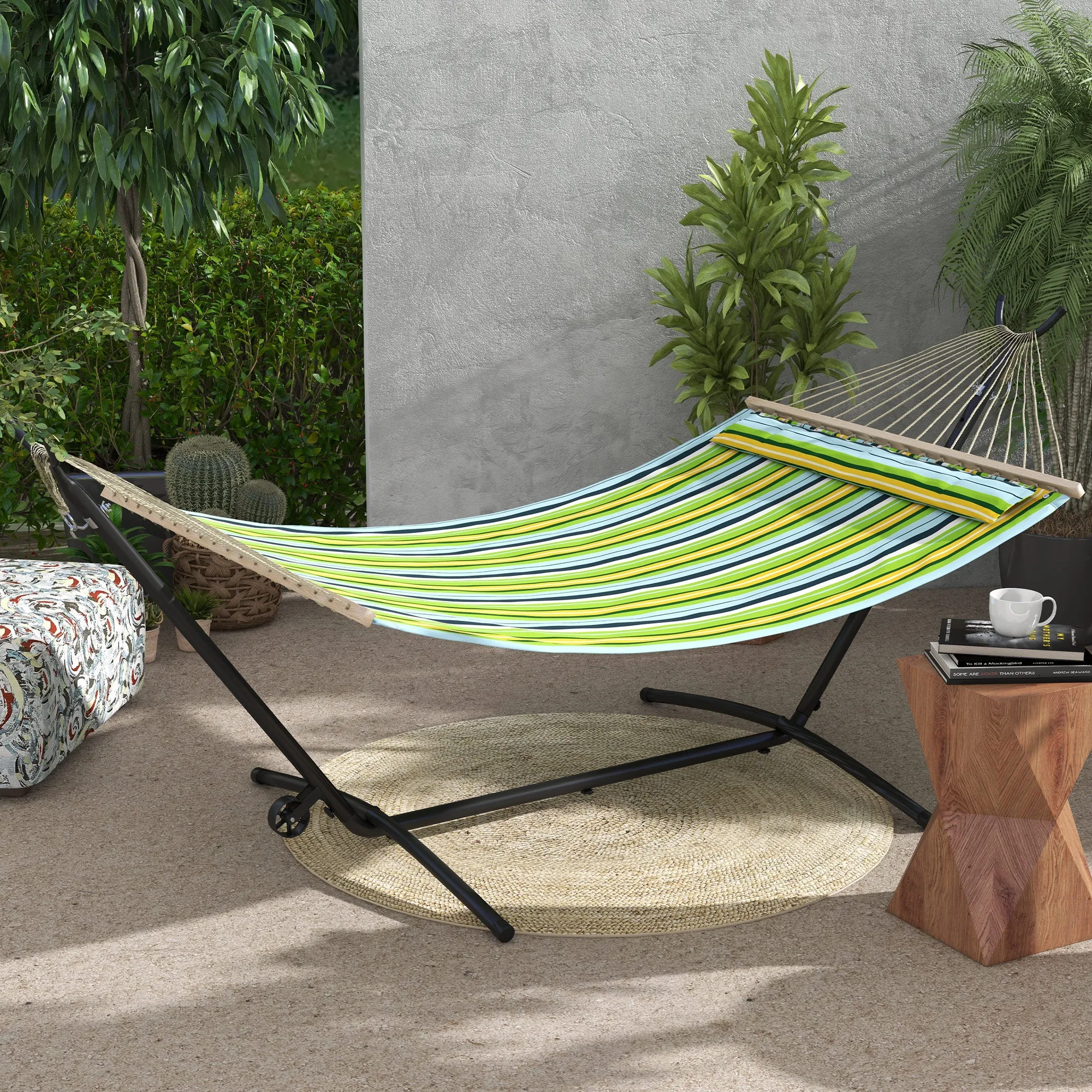 Outsunny Hammock Stand, 330 cm Max, with 6 Holes and Wheels, Metal, 290 x 120 x 115 cm, Black - Image 2