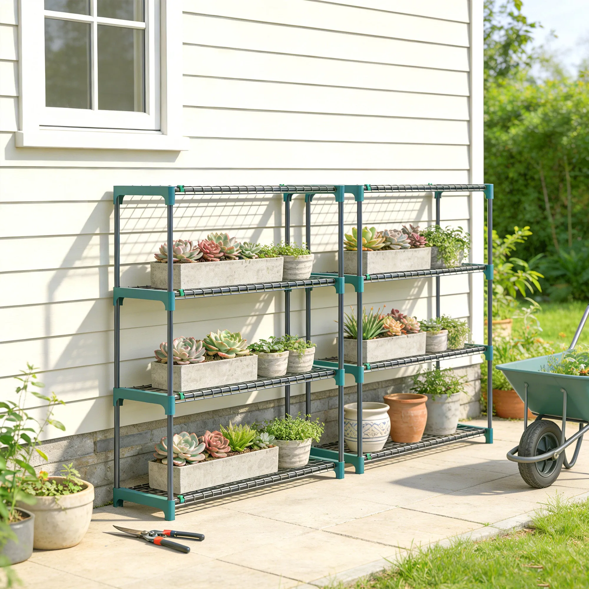 Outsunny Set of 2 4-Tier Steel Plant Shelves with Hooks, 90x28x104 cm, Green - Image 2