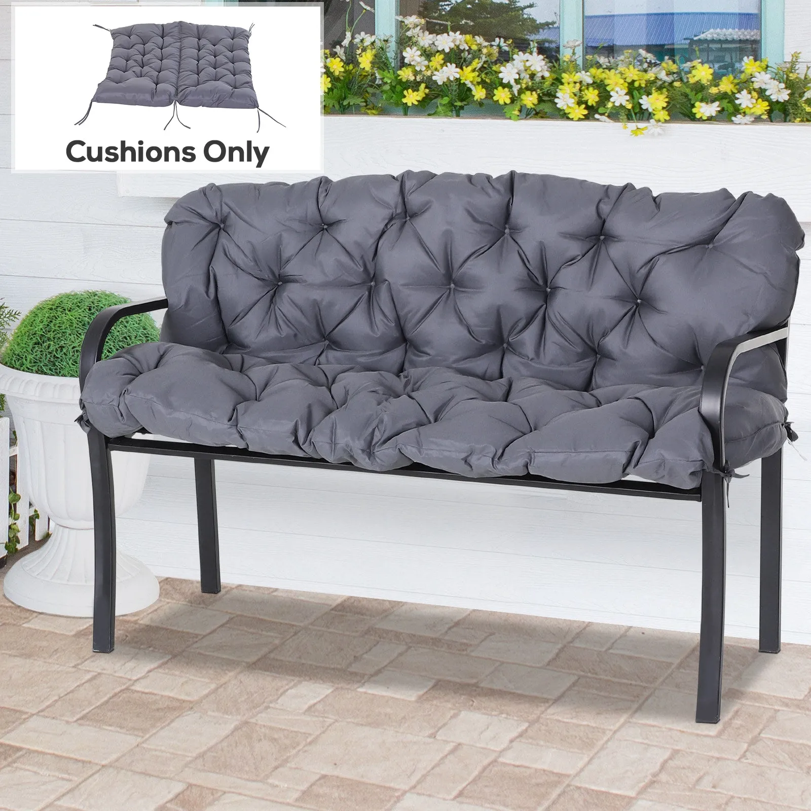 Outsunny 2-Seater Garden Cushion with Backrest for Benches and Swings, 132x110x10 cm, Dark Grey - Image 2