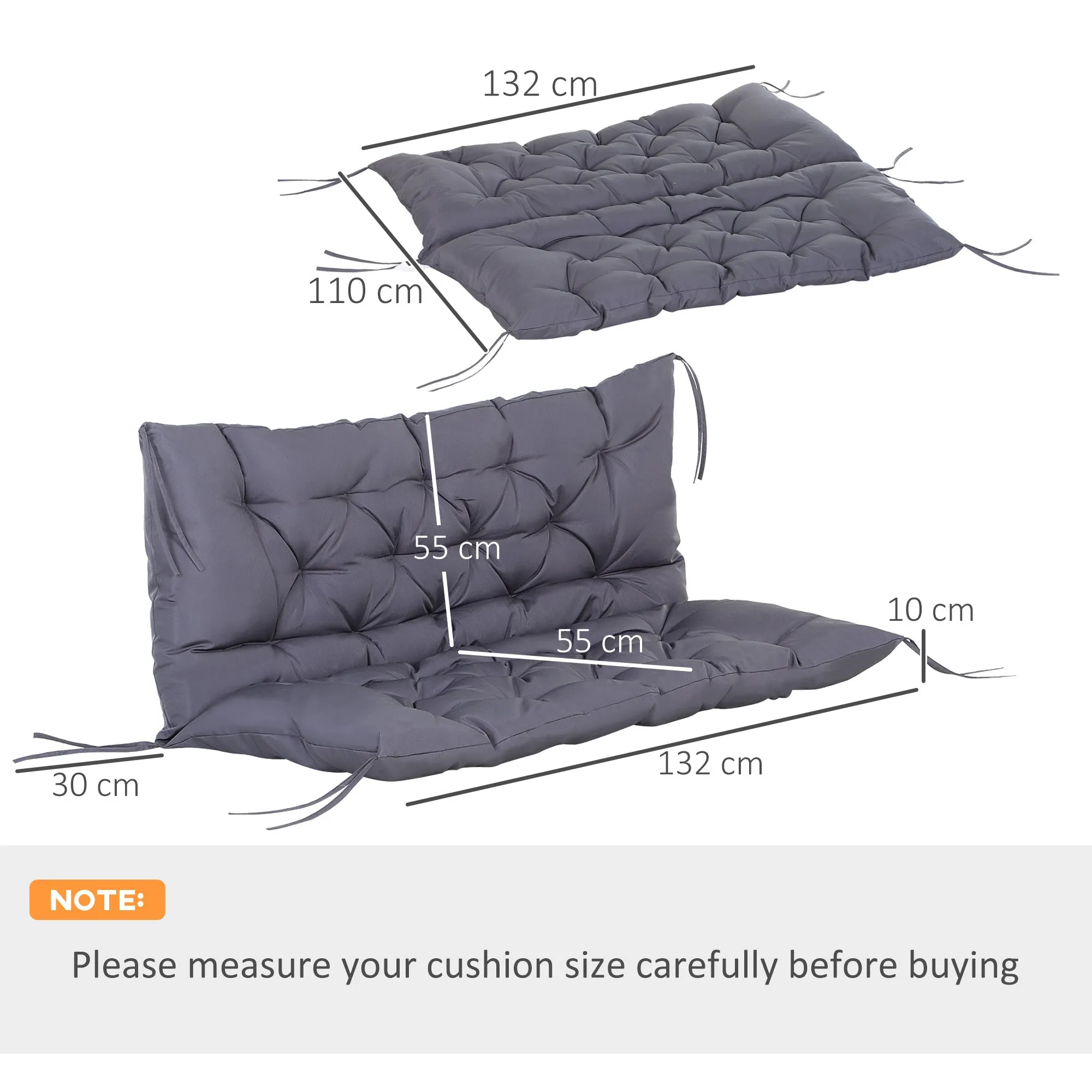 Outsunny 2-Seater Garden Cushion with Backrest for Benches and Swings, 132x110x10 cm, Dark Grey - Image 3