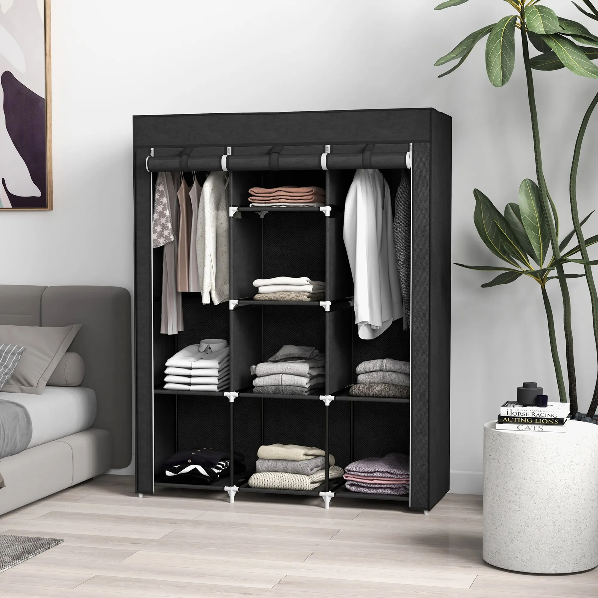 HOMCOM Fabric Wardrobe Space Saving 8 Shelves 125x43x162.5cm Black - Image 2