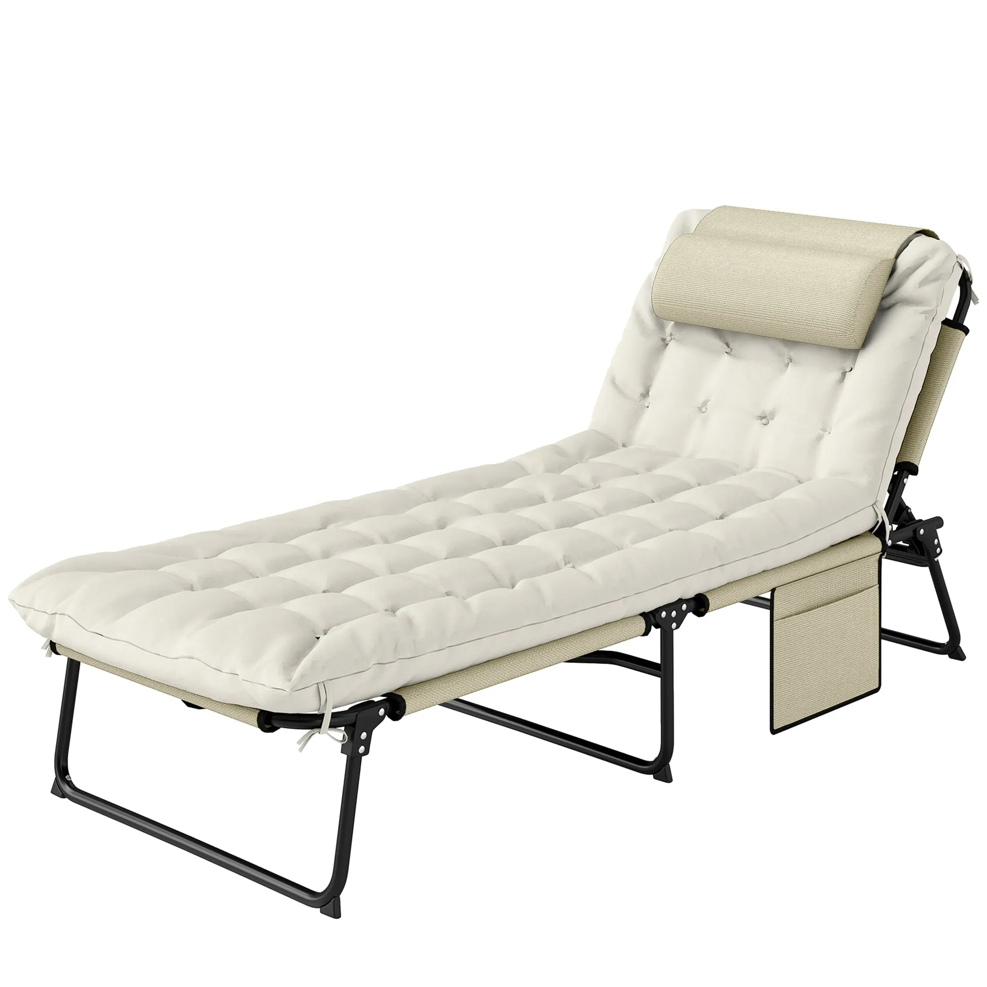 Outsunny Folding and Reclining Garden Lounger with Side Pocket, 68x189x30 cm, Beige