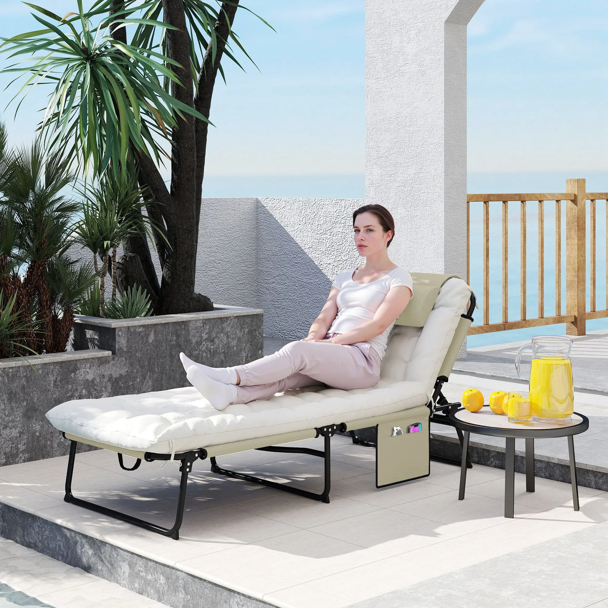 Outsunny Folding and Reclining Garden Lounger with Side Pocket, 68x189x30 cm, Beige - Image 2