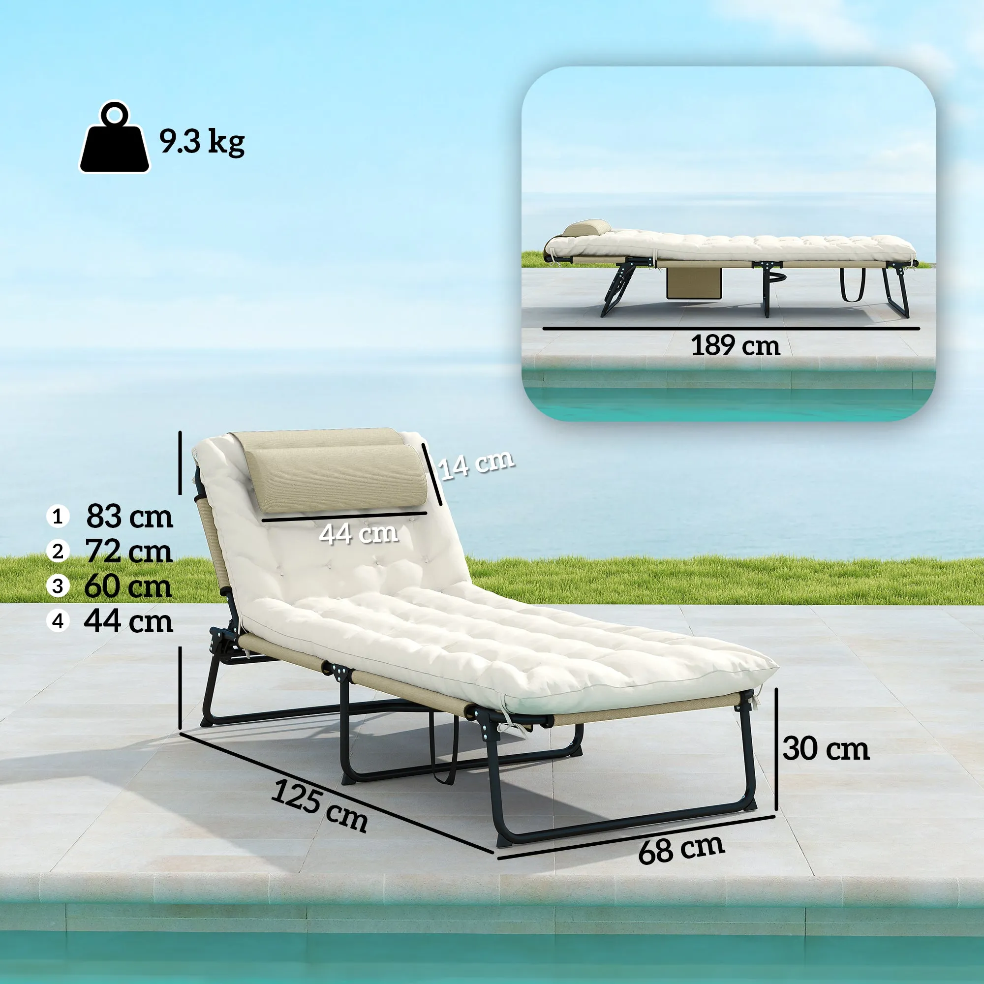 Outsunny Folding and Reclining Garden Lounger with Side Pocket, 68x189x30 cm, Beige - Image 3