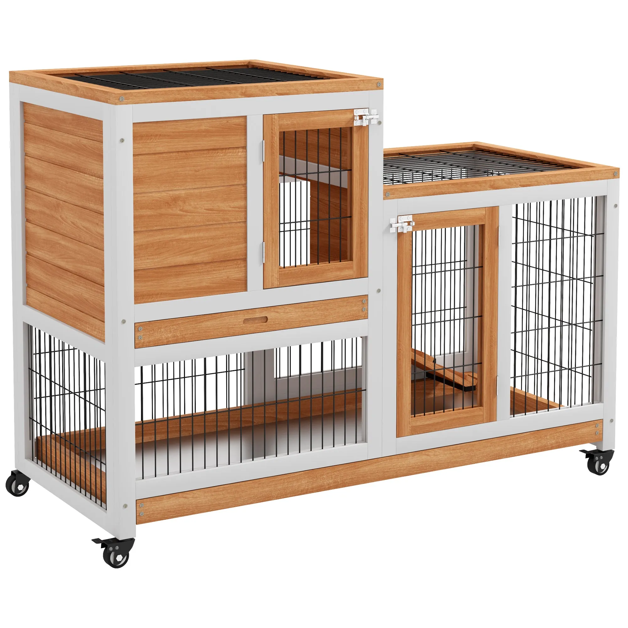 PawHut Wooden Rabbit Hutch with Wheels, Removable Trays and House with Ramp, 110x50x88 cm, Yellow and White