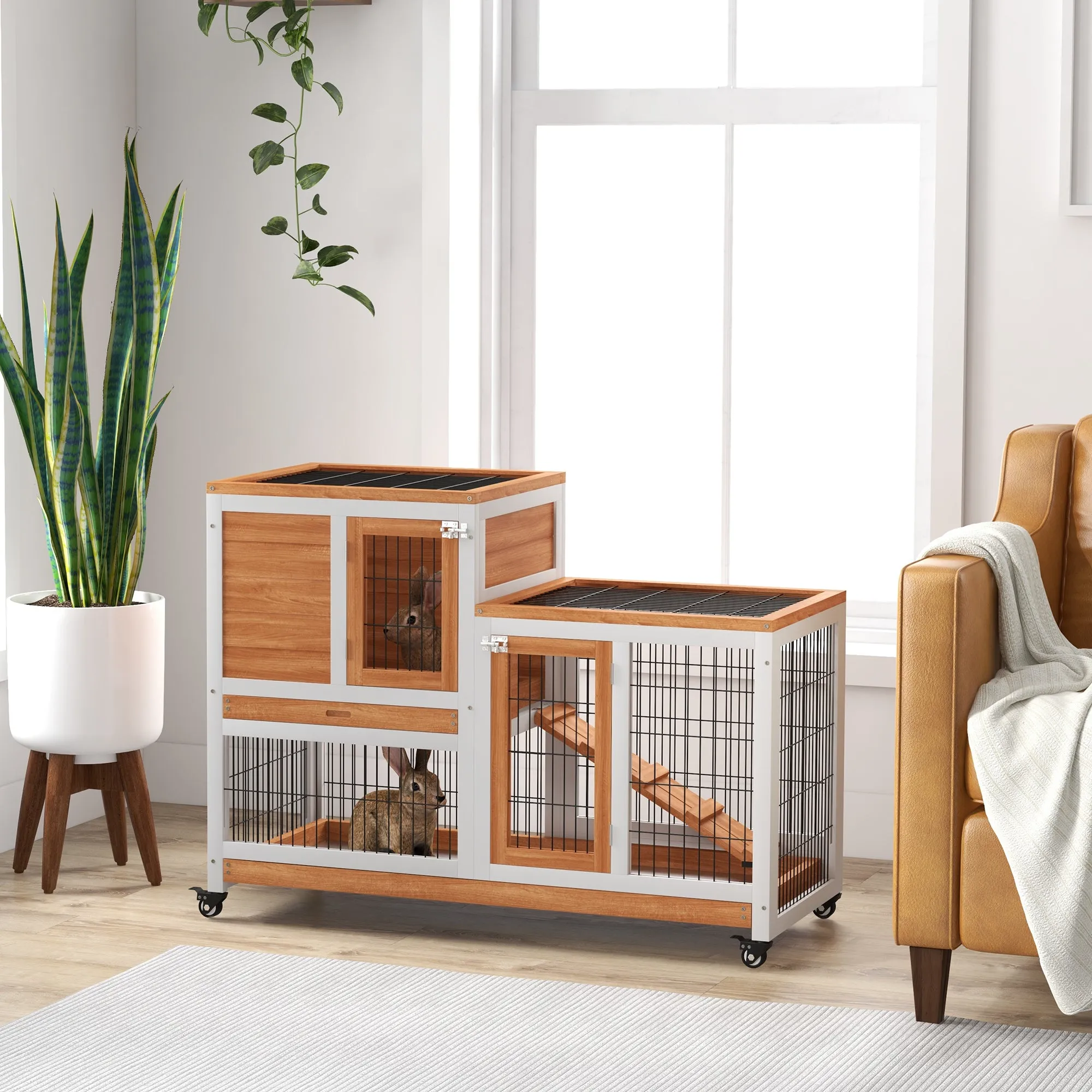 PawHut Wooden Rabbit Hutch with Wheels, Removable Trays and House with Ramp, 110x50x88 cm, Yellow and White - Image 2