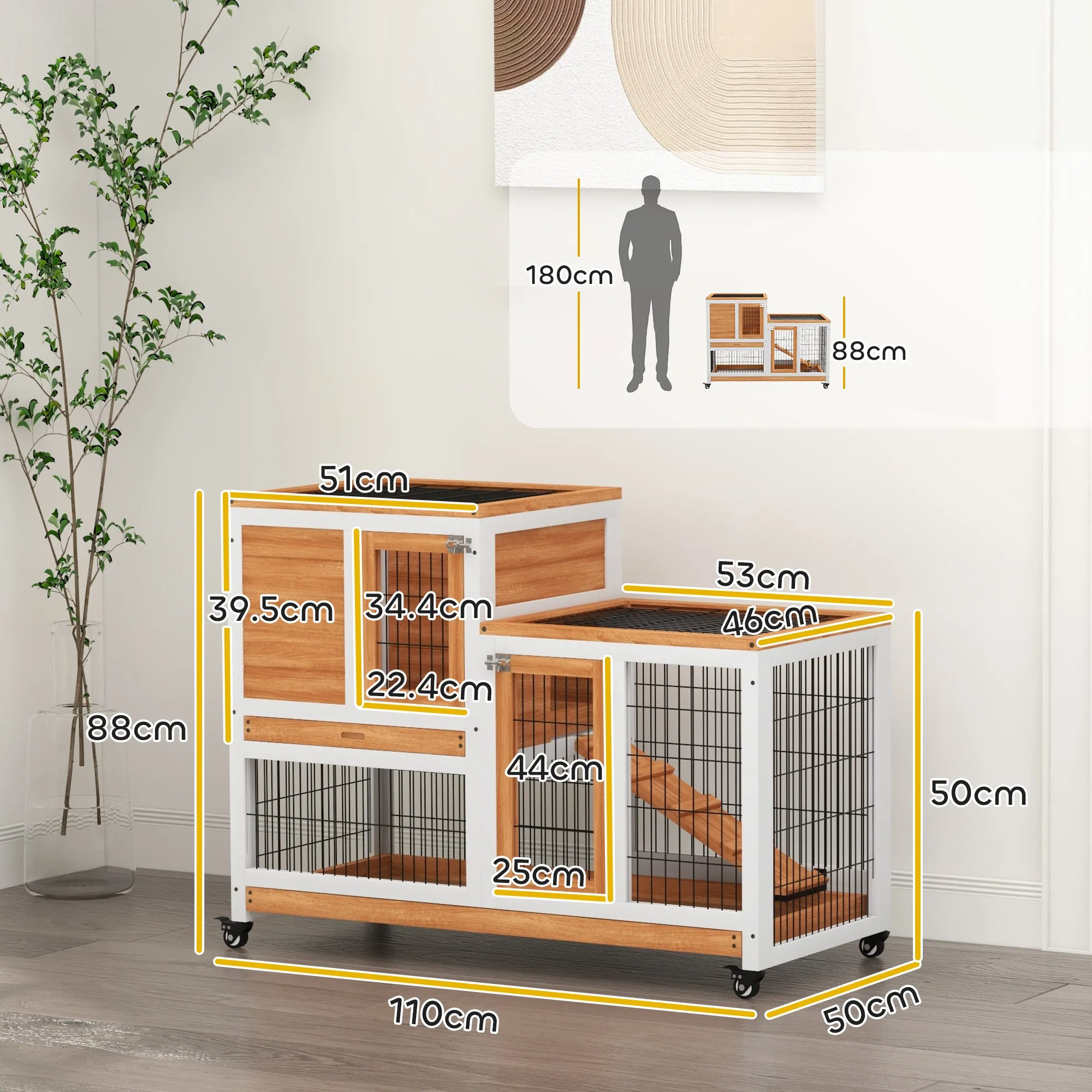PawHut Wooden Rabbit Hutch with Wheels, Removable Trays and House with Ramp, 110x50x88 cm, Yellow and White - Image 3