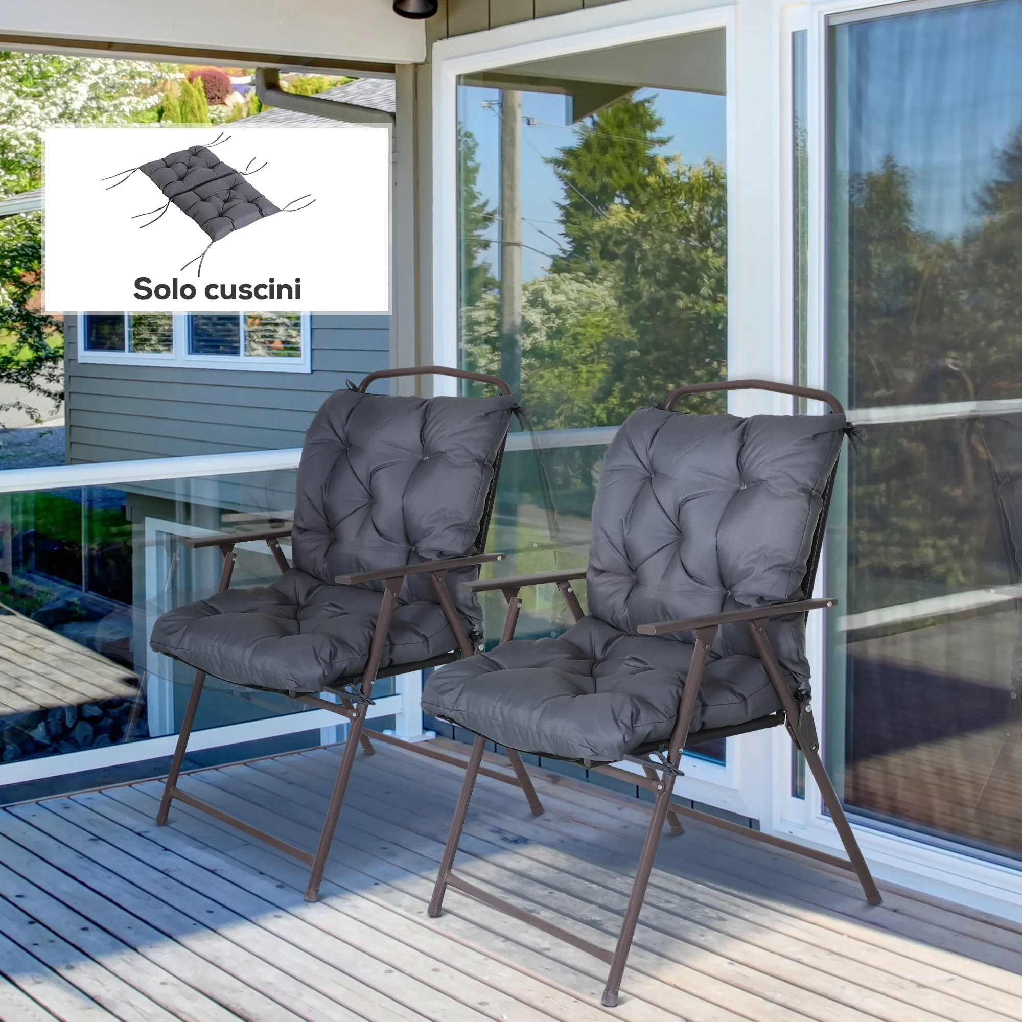Outsunny Set of 2 Outdoor Chair Cushions in Polyester and Cotton with Ties, 50x98x8 cm, Grey - Image 2