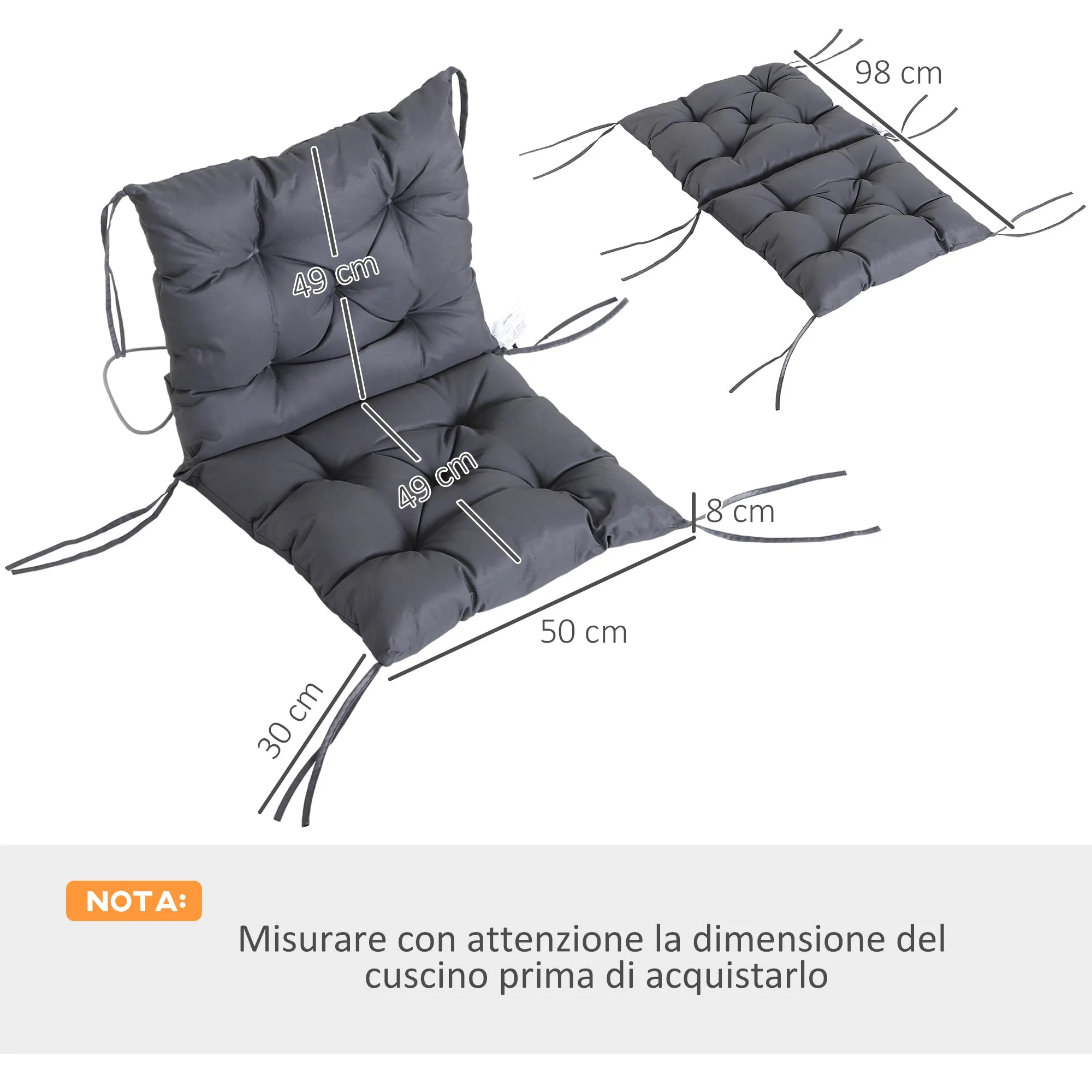 Outsunny Set of 2 Outdoor Chair Cushions in Polyester and Cotton with Ties, 50x98x8 cm, Grey - Image 3