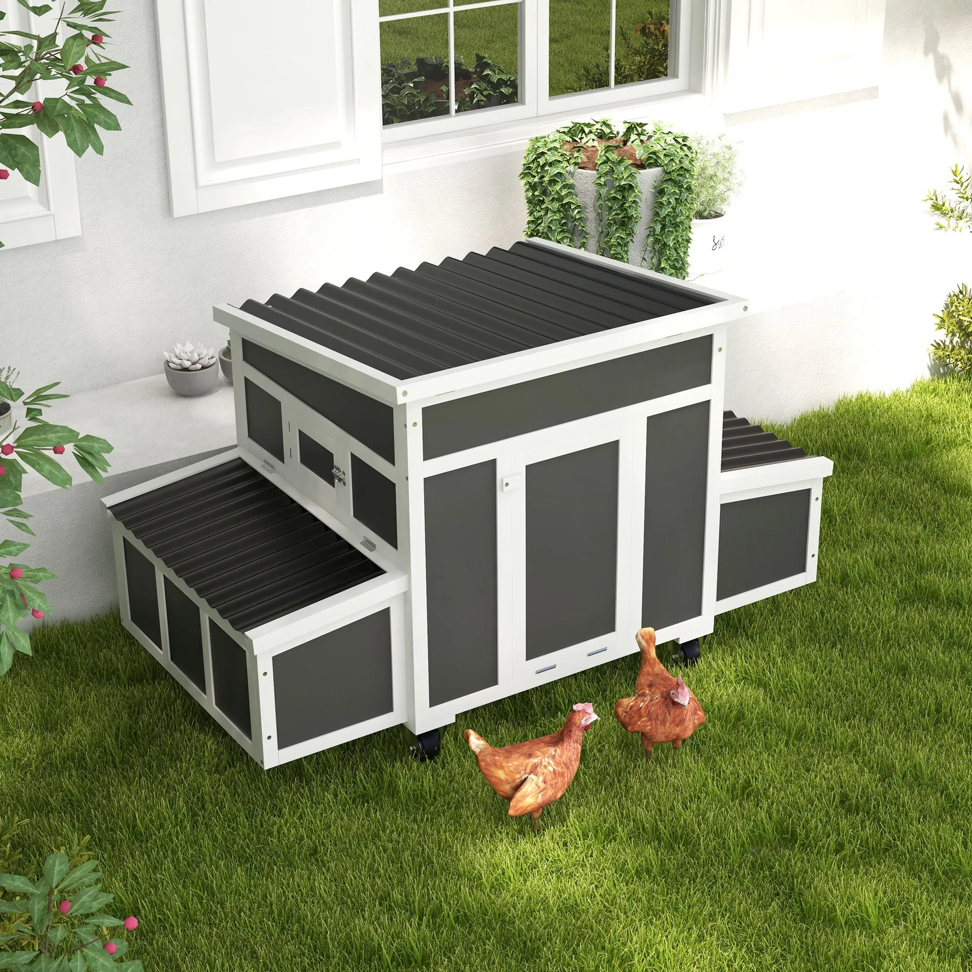 PawHut Wooden Chicken Coop for 1-6 Chickens with 2 Nesting Boxes, Opening Roof and Removable Tray, Dark Grey - Image 2