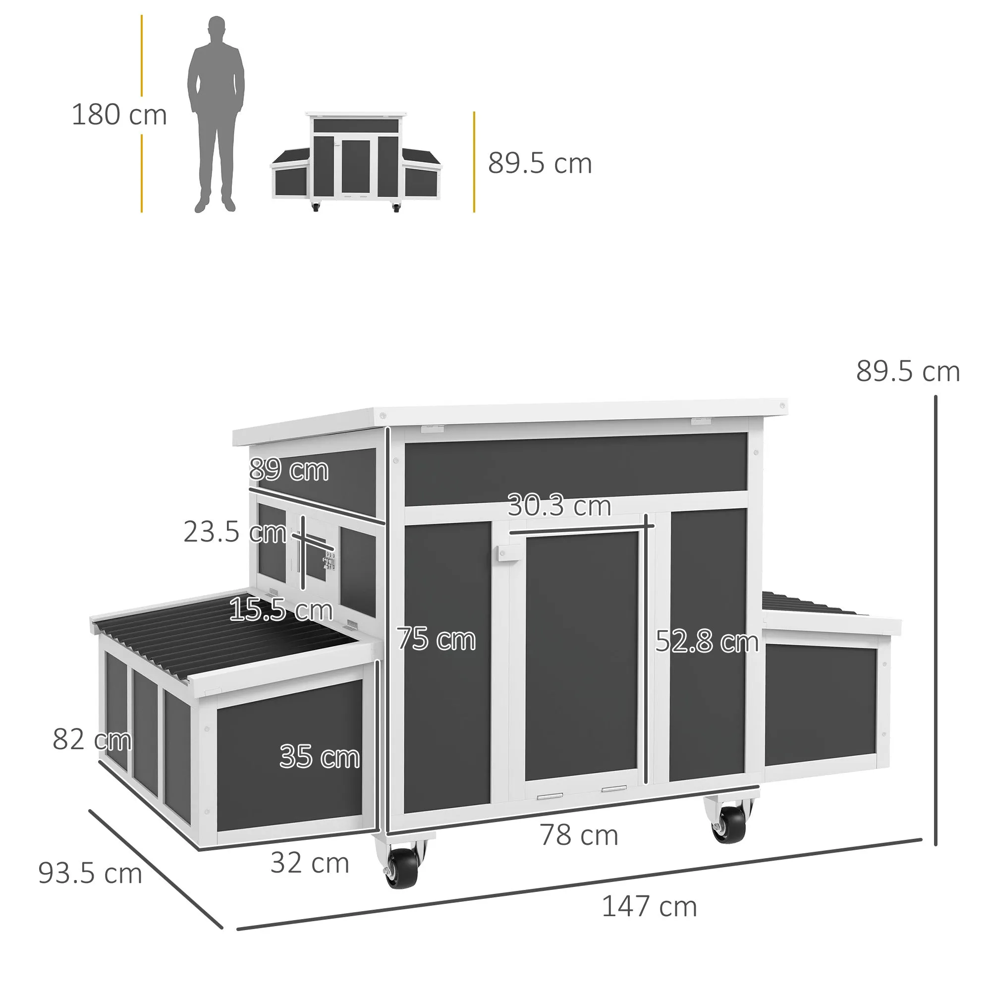 PawHut Wooden Chicken Coop for 1-6 Chickens with 2 Nesting Boxes, Opening Roof and Removable Tray, Dark Grey - Image 3