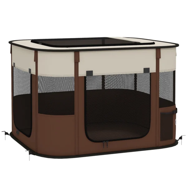 PawHut Pet Playpen with 6 Windows, 3 Doors and 2 Storage Bags, Polyester and Steel, 74x60x45 cm, Brown