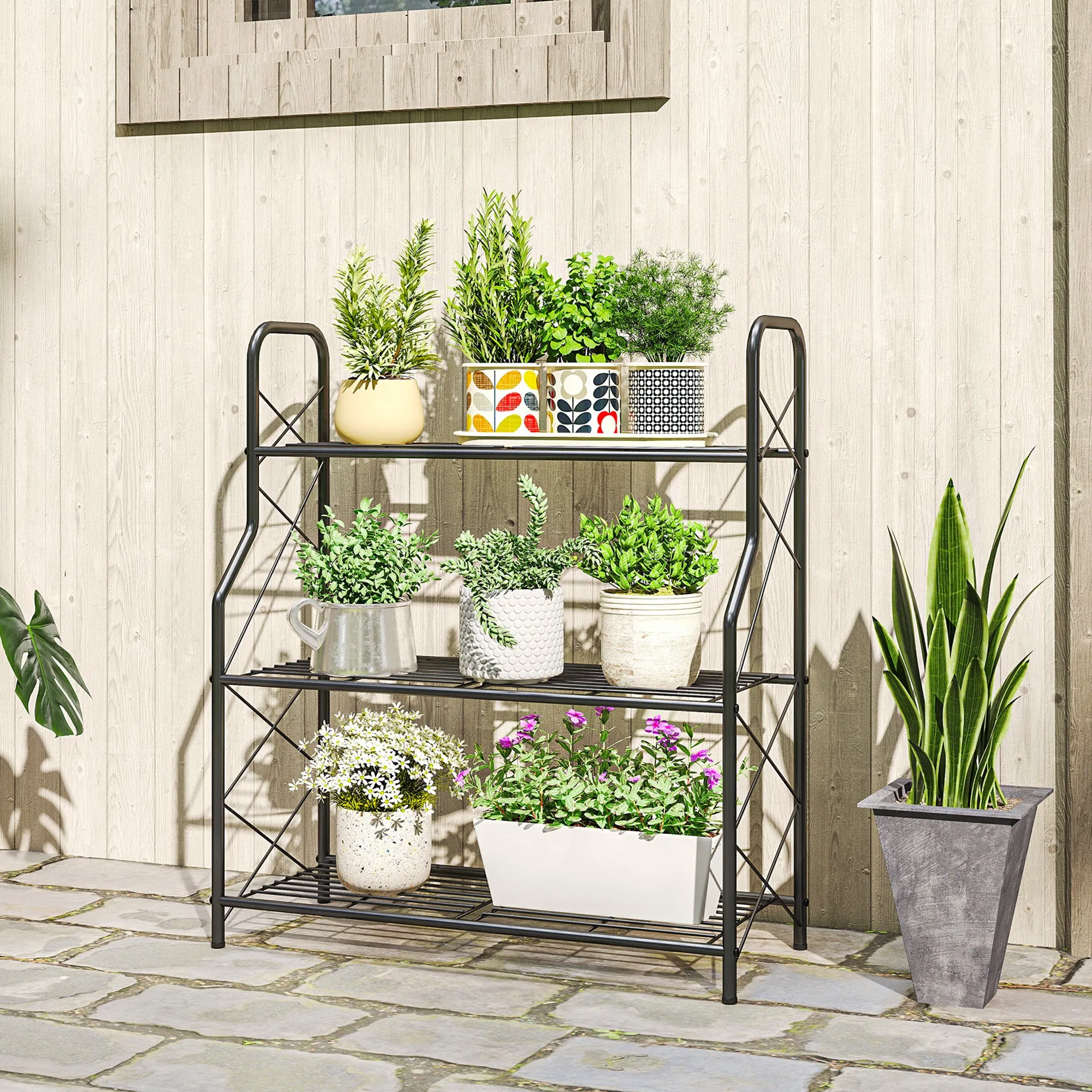 Outsunny 3-Tier Indoor/Outdoor Metal Plant Stand, 69 x 28.5 x 78 cm, Black - Image 2