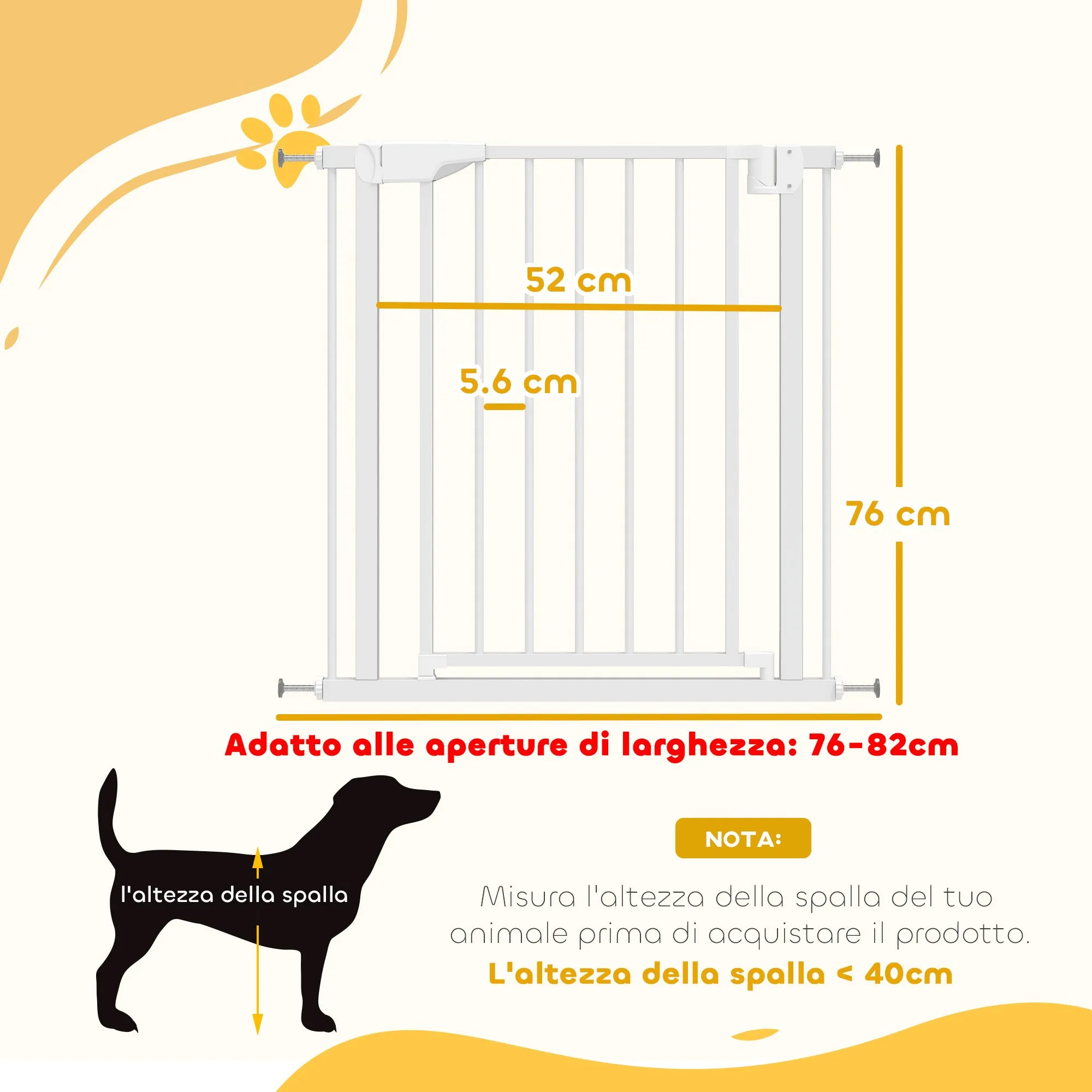 PawHut Safety Gate for Children and Pets, Self-Closing and Pressure Fit, 76-82x76 cm, White - Image 3
