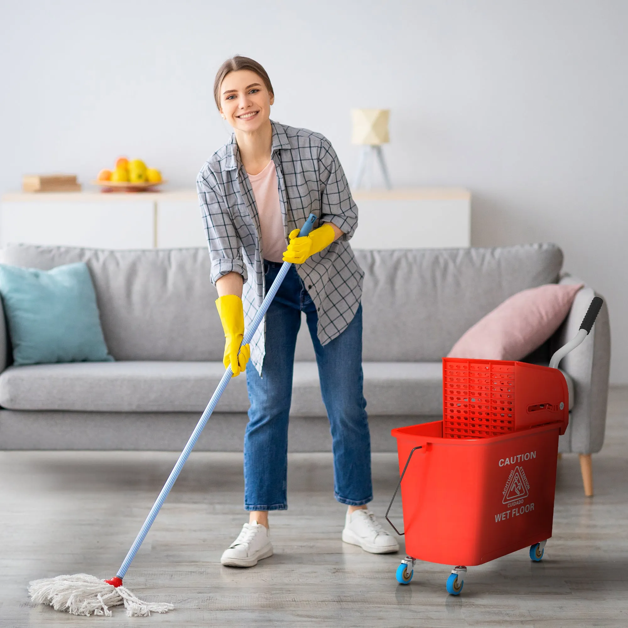 HOMCOM Cleaning Trolley Floor Mop with Wringer 60x27x70.5cm Red - Image 2