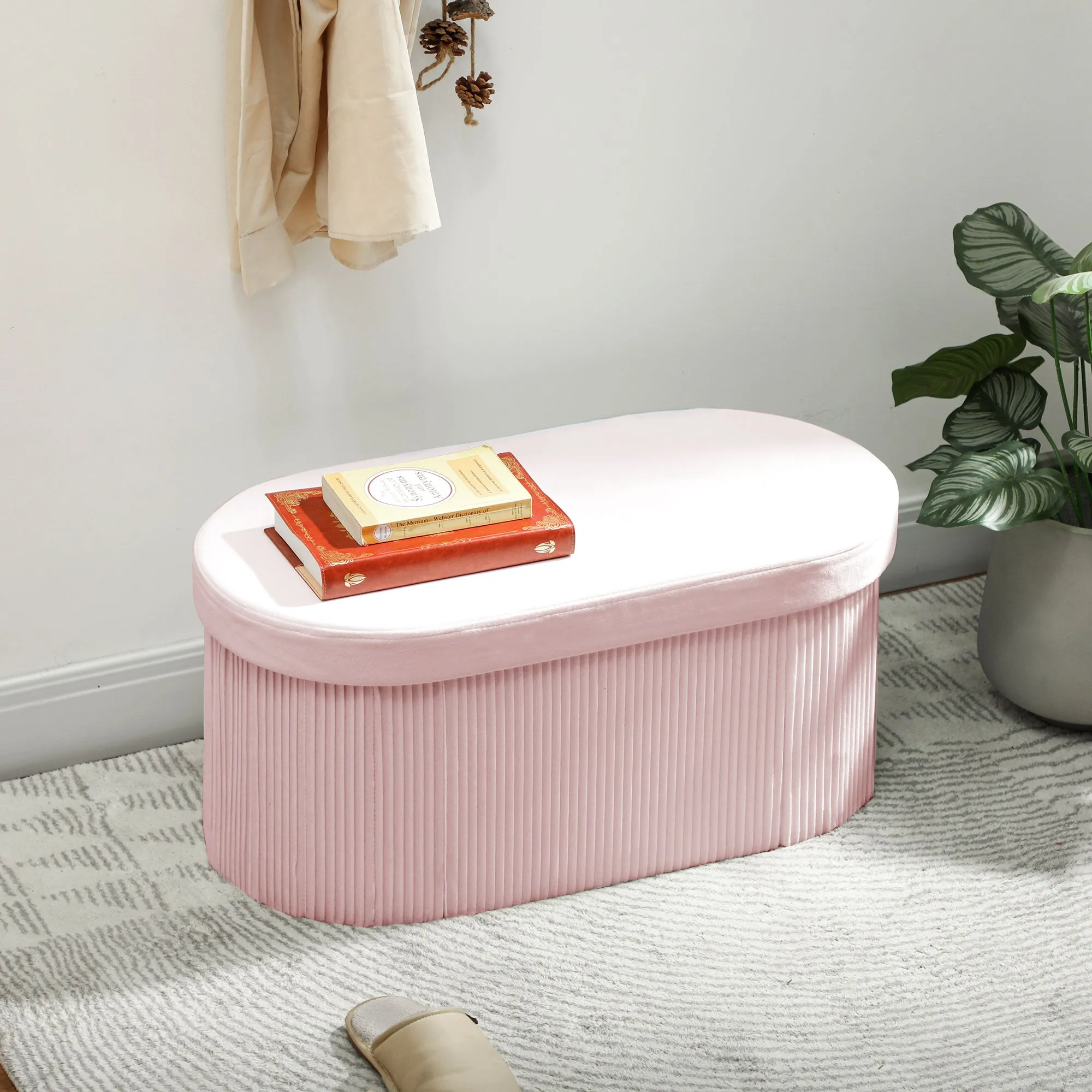 HOMCOM Foldable Storage Ottoman with 72L Capacity and Velvet Lining, 76x38x35 cm, Pink - Image 2