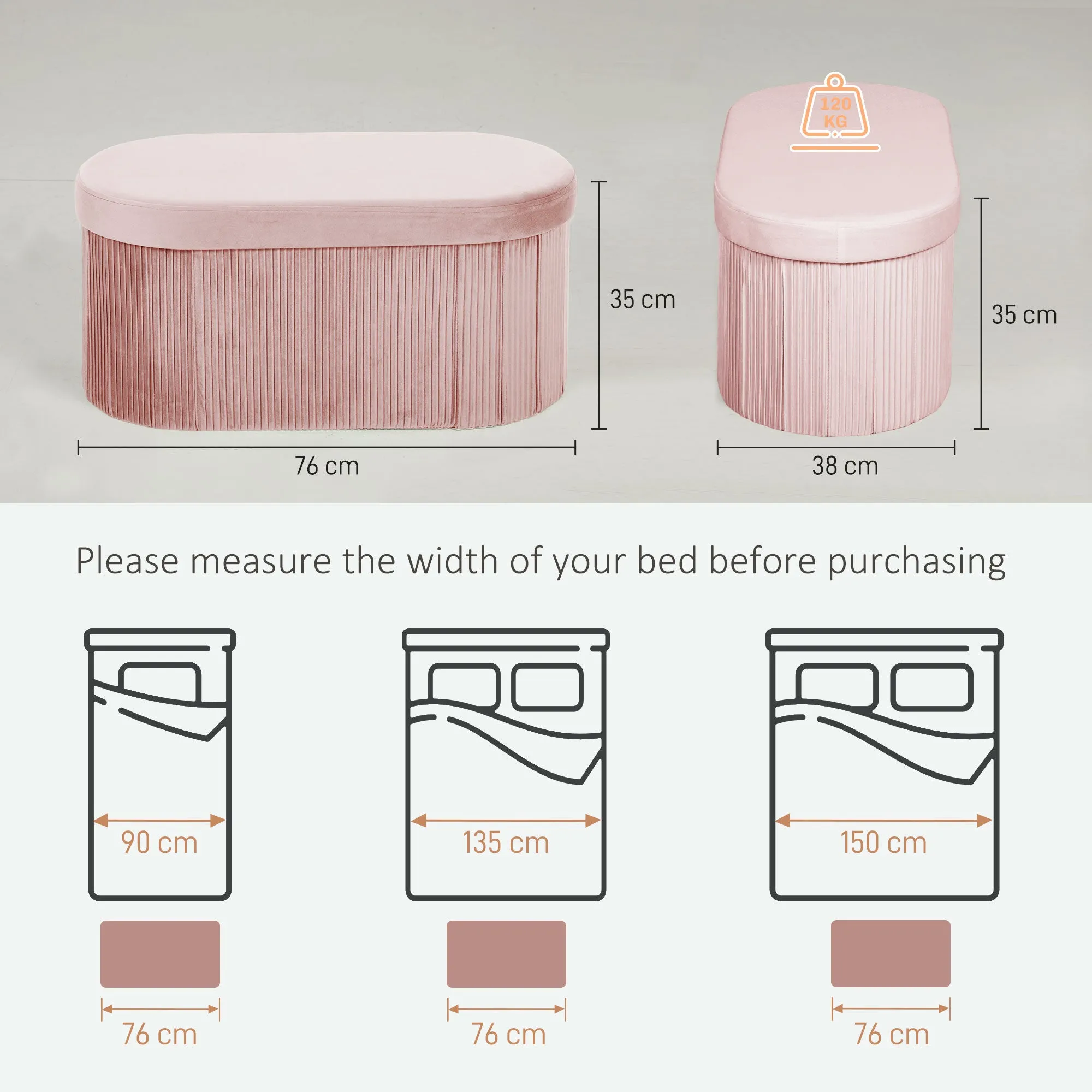 HOMCOM Foldable Storage Ottoman with 72L Capacity and Velvet Lining, 76x38x35 cm, Pink - Image 3
