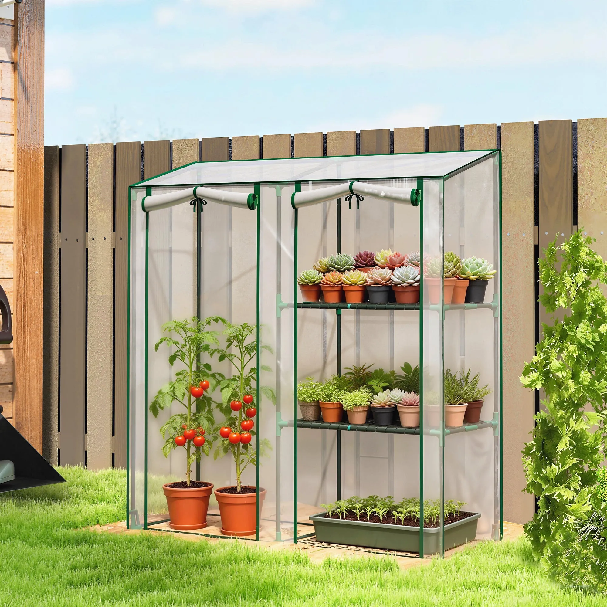 Outsunny 2-Section Vertical Greenhouse with 3 Shelves, Plastic and Steel, 143x45x151 cm, Dark Green and Transparent - Image 2
