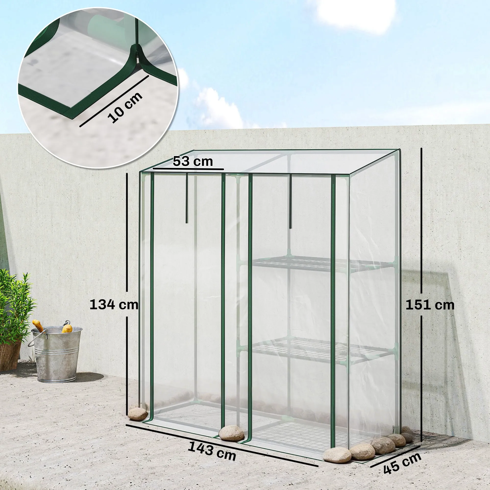 Outsunny 2-Section Vertical Greenhouse with 3 Shelves, Plastic and Steel, 143x45x151 cm, Dark Green and Transparent - Image 3