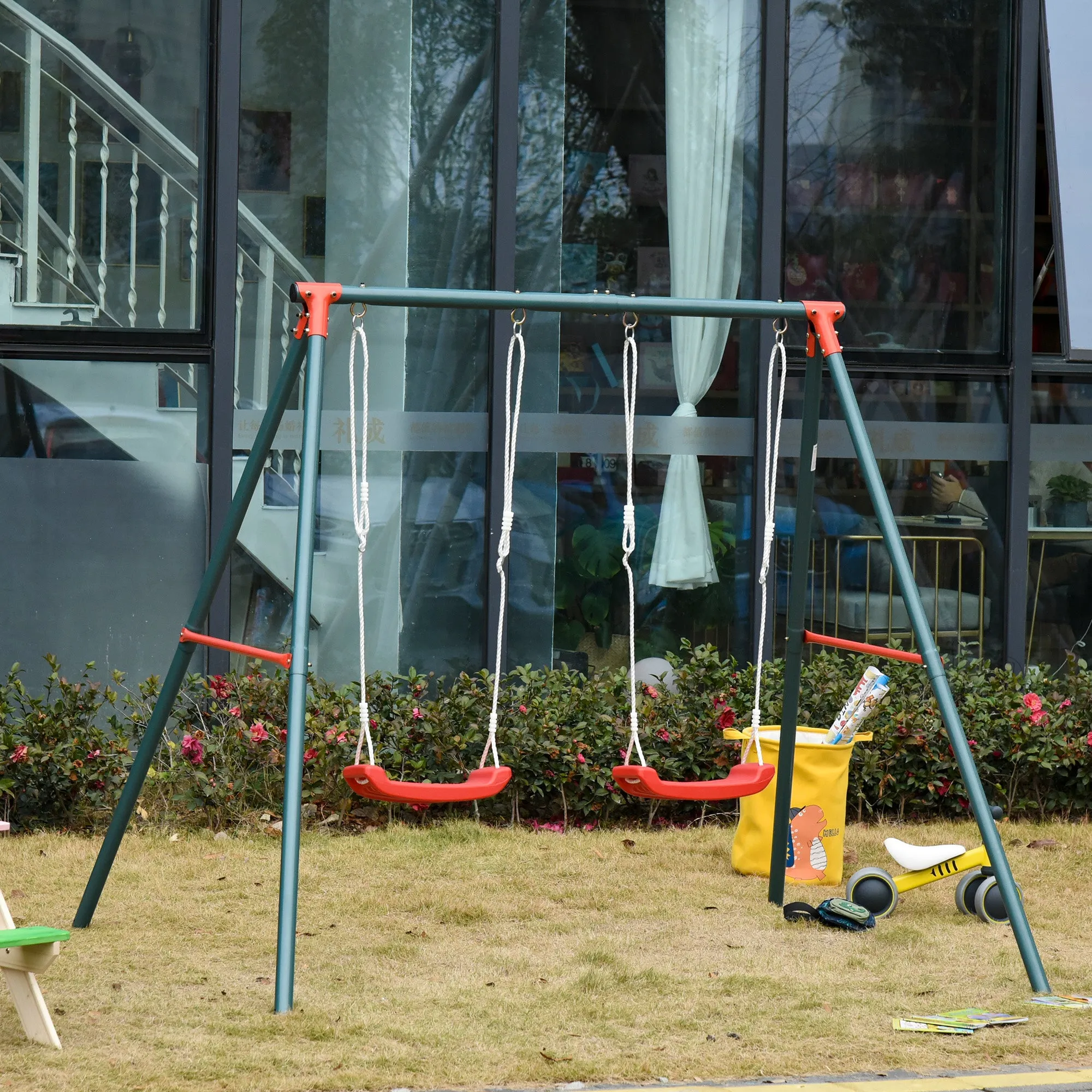 Outsunny Double Swing Set, Garden Swing for Children 3+ Years, Green and Red - Image 2