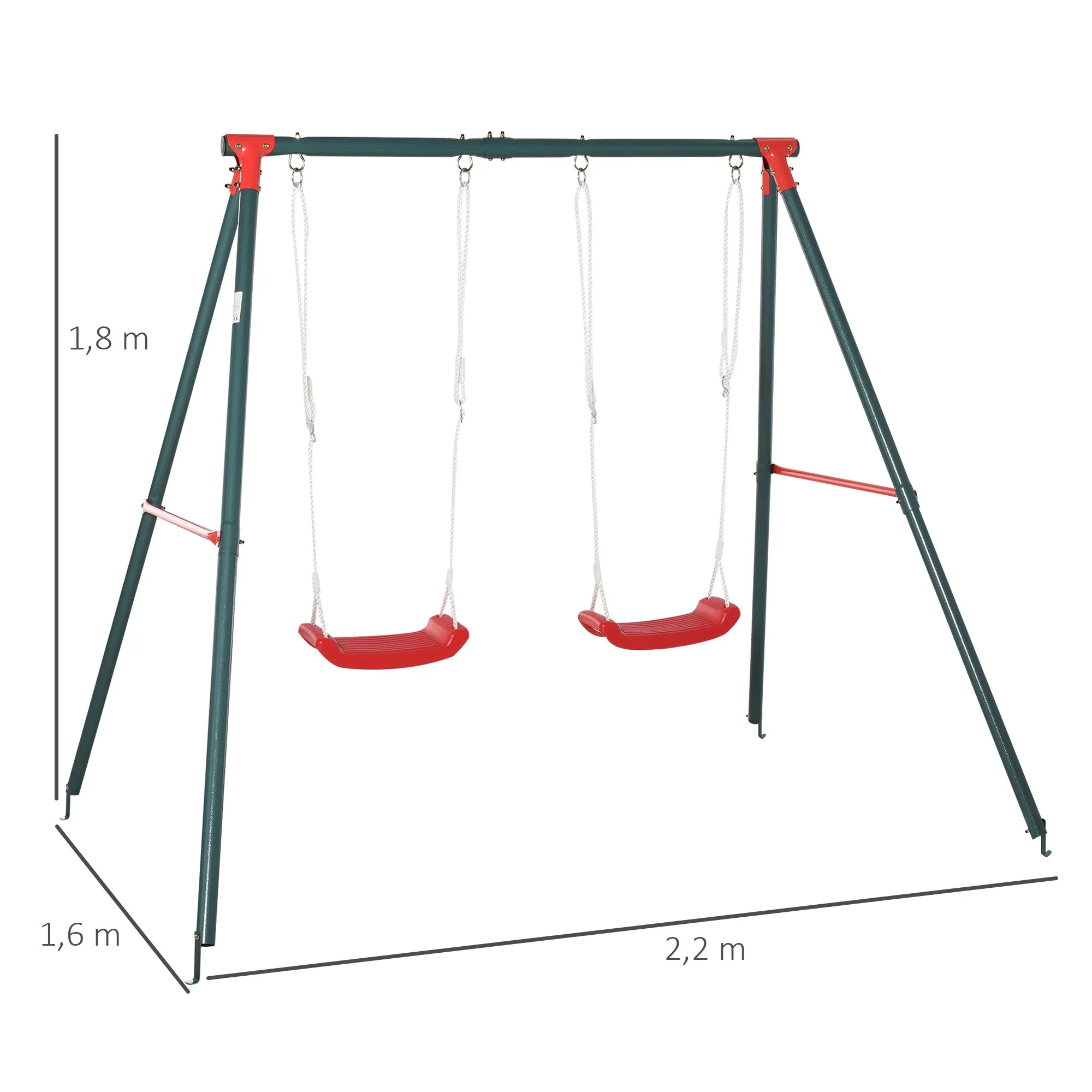Outsunny Double Swing Set, Garden Swing for Children 3+ Years, Green and Red - Image 3