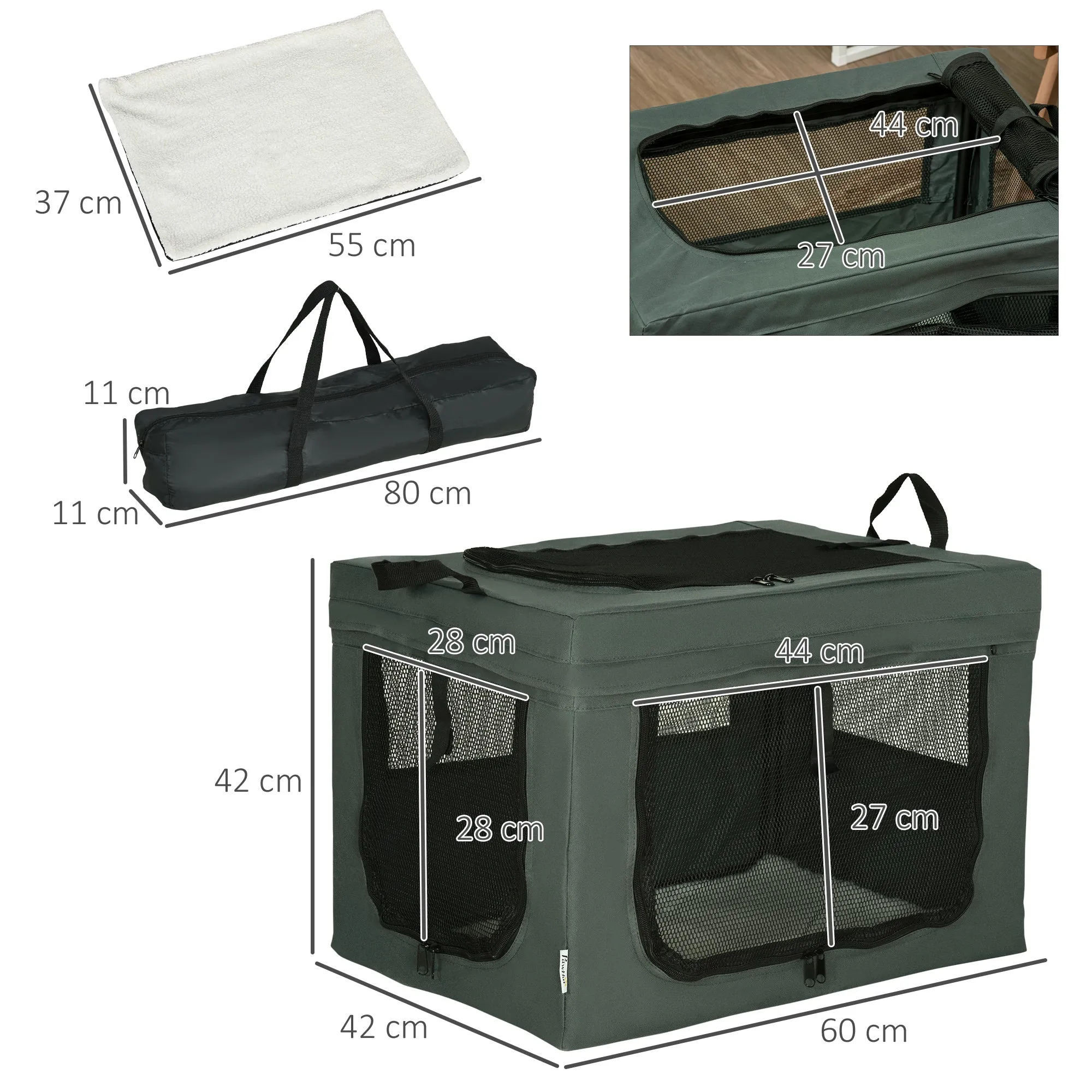 PawHut Pet Carrier for Mini Dogs and Cats with Cushion, Carry Bag and Mesh Doors, 60x42x42 cm, Grey - Image 3