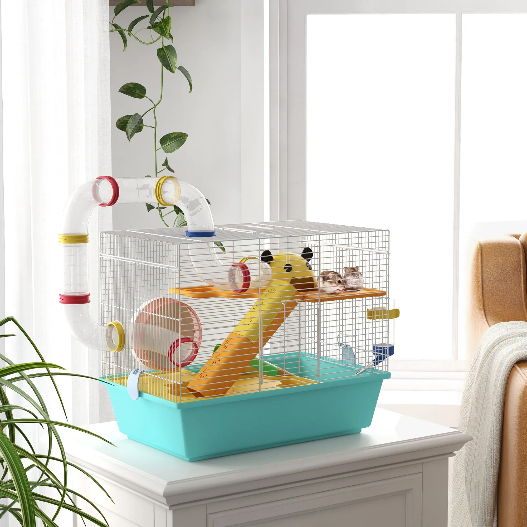 PawHut Hamster Cage with Wheel, House, Bowl, Ramps and Tank, in Steel, PS and PP, 45x28x37 cm, White and Blue - Image 2