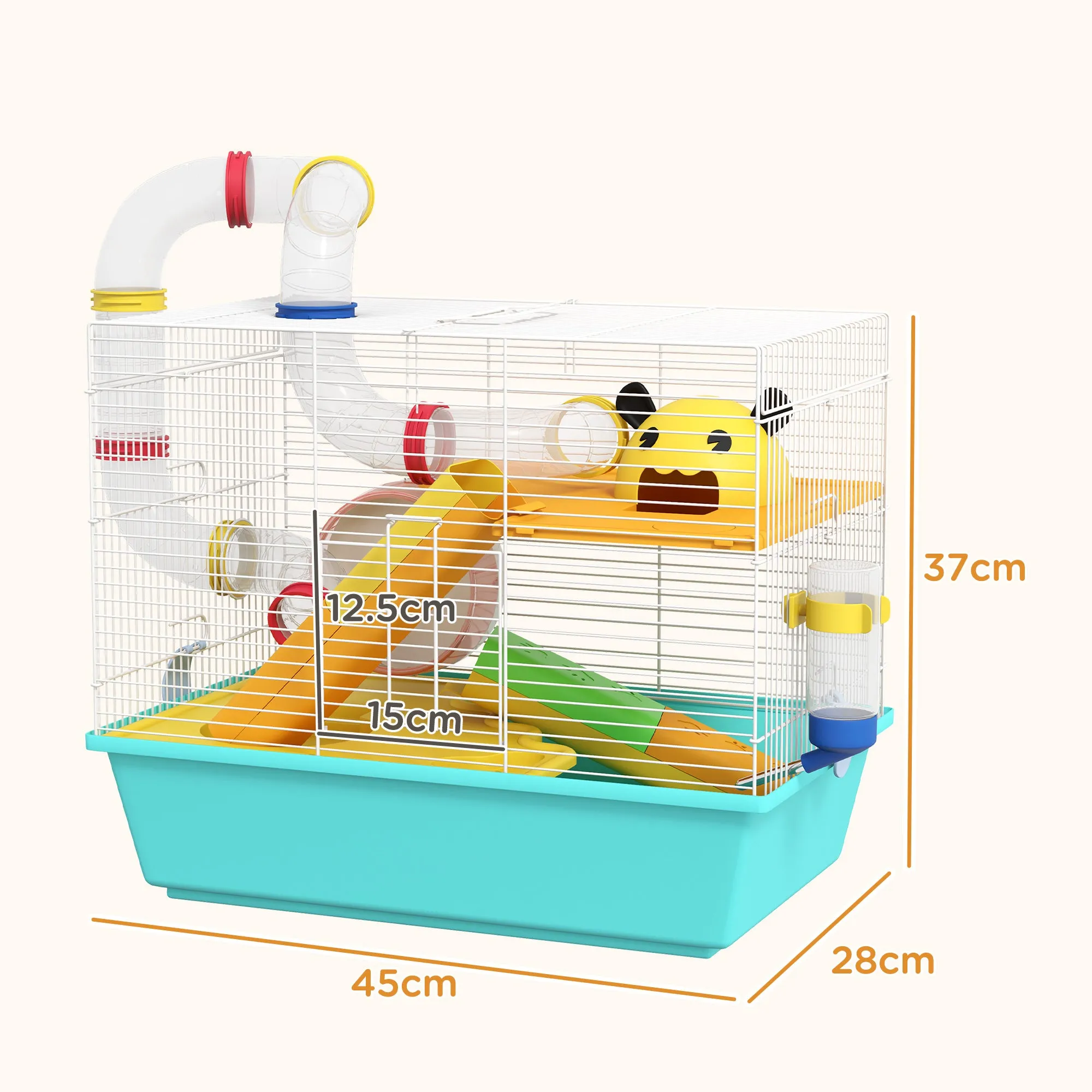 PawHut Hamster Cage with Wheel, House, Bowl, Ramps and Tank, in Steel, PS and PP, 45x28x37 cm, White and Blue - Image 3