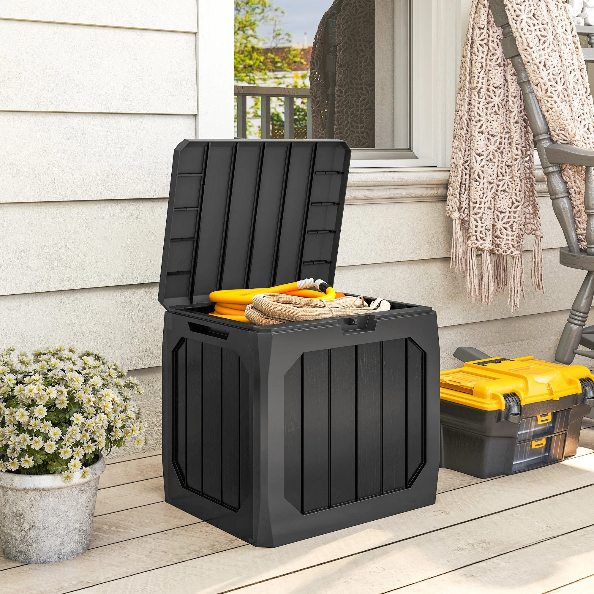 Outsunny 121L Plastic Garden Storage Chest with Handles and Waterproof, 56x45x53 cm, Black - Image 2
