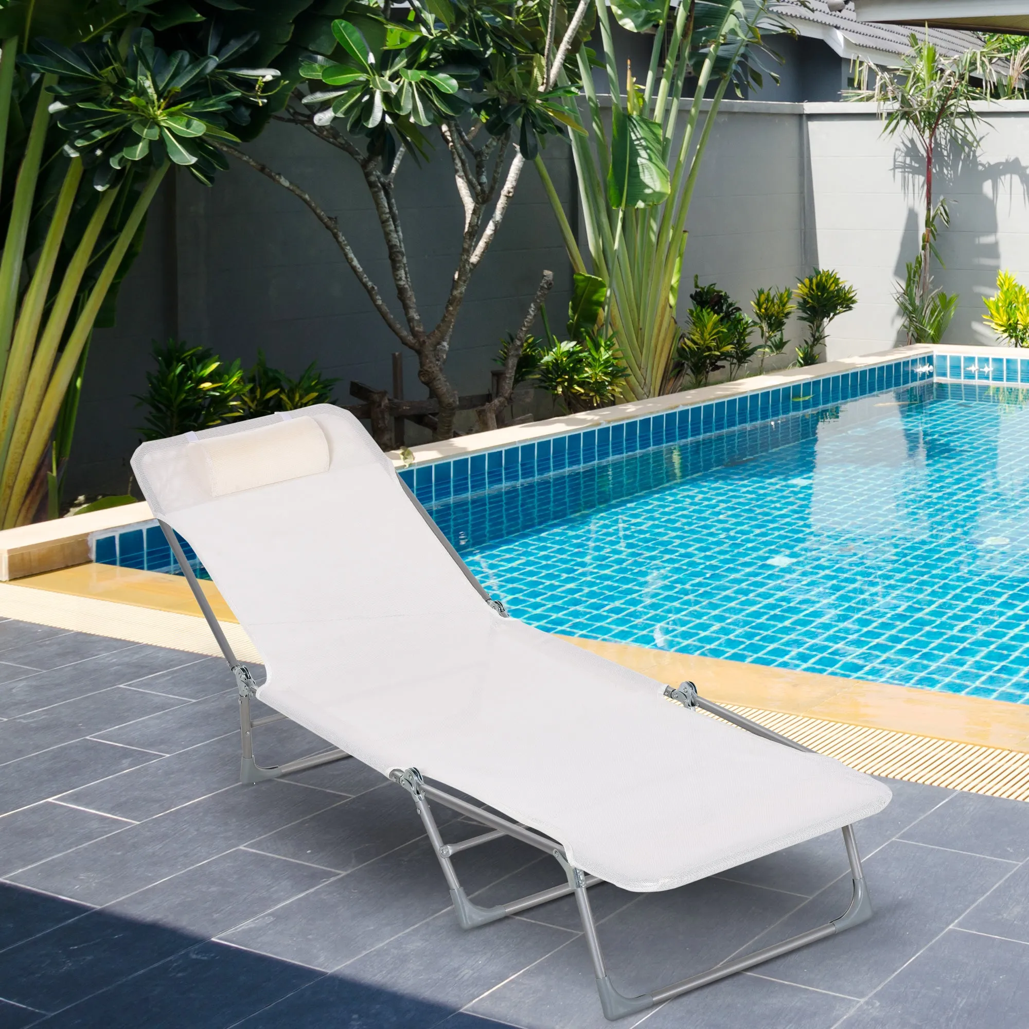 Outsunny Folding Garden Lounger with Reclining Backrest and Cushion, in Metal and Texteline, 182x56x28 cm, Cream - Image 2