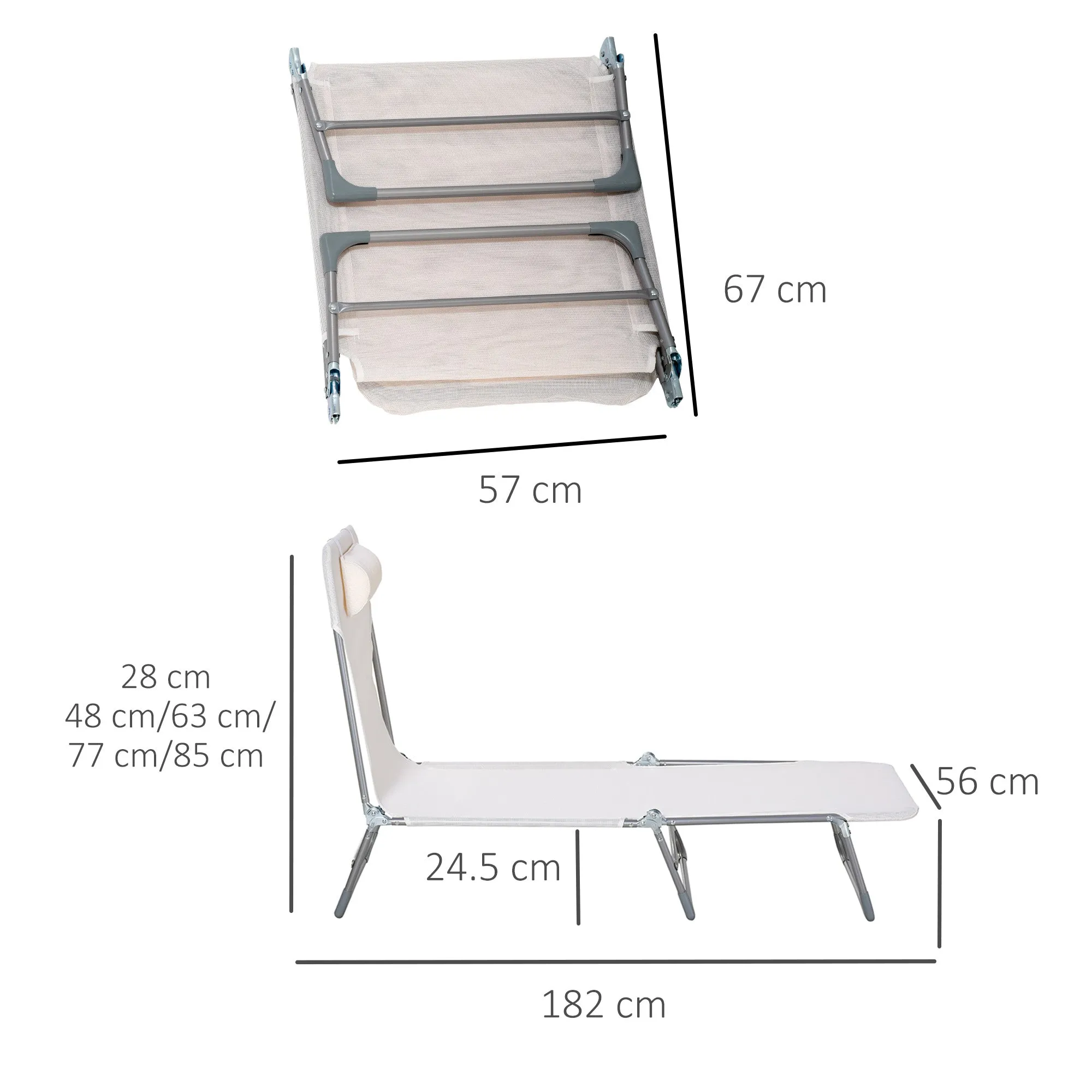 Outsunny Folding Garden Lounger with Reclining Backrest and Cushion, in Metal and Texteline, 182x56x28 cm, Cream - Image 3