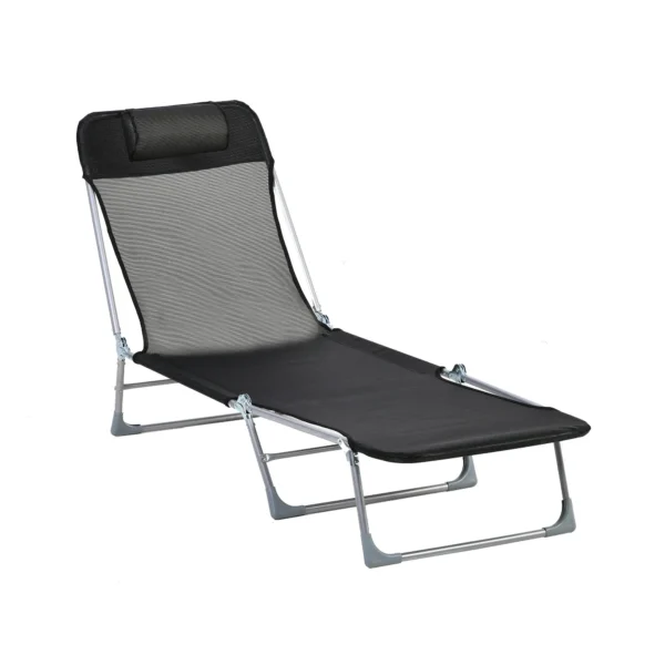 Outsunny Folding Garden Lounger with Reclining Backrest and Cushion, in Metal and Texteline, 182x56x28 cm, Black