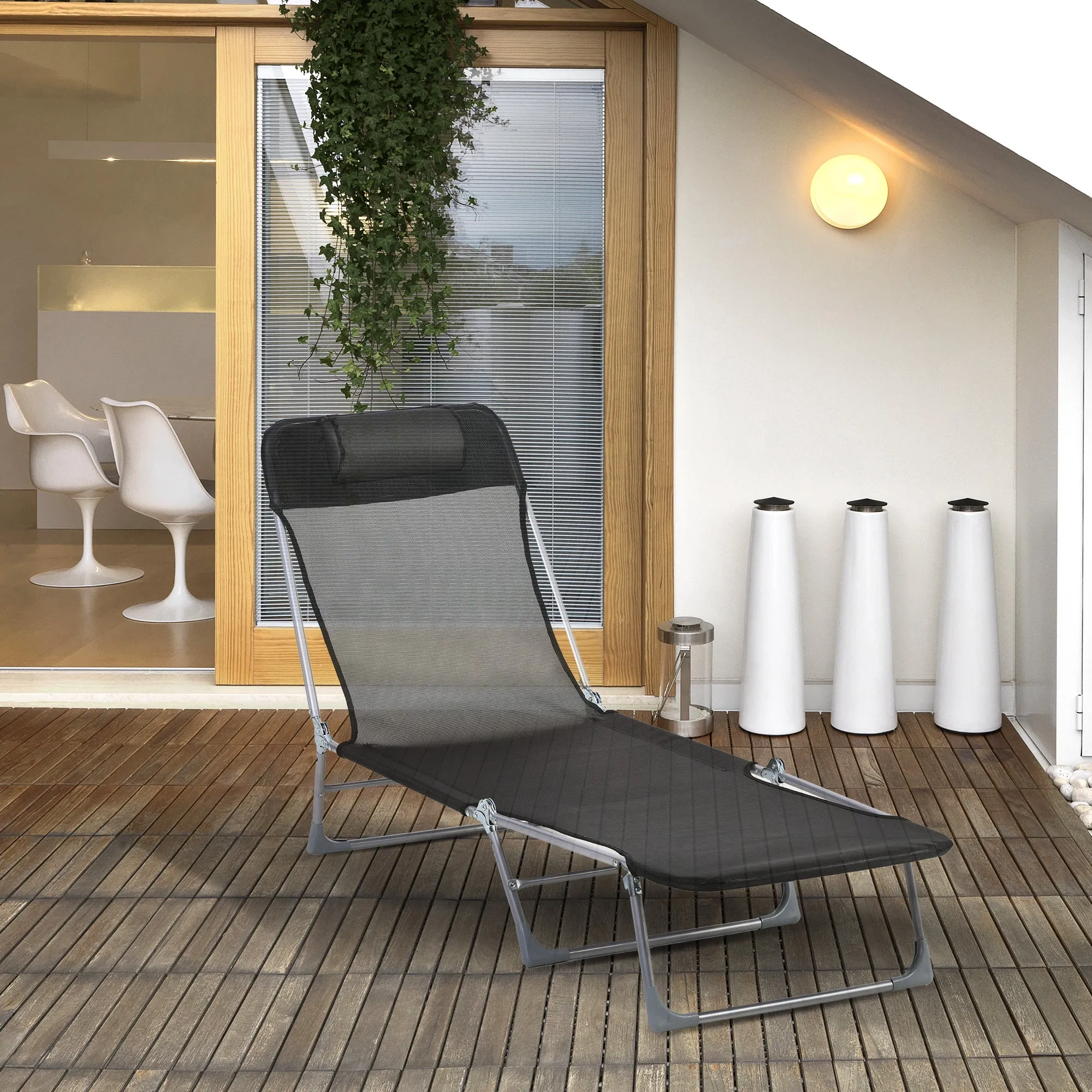 Outsunny Folding Garden Lounger with Reclining Backrest and Cushion, in Metal and Texteline, 182x56x28 cm, Black - Image 2